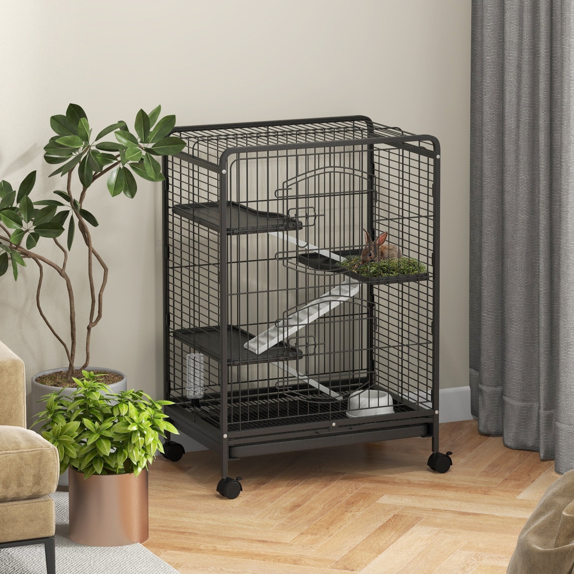 37"H Ferret Cage, 4-Tier Rolling Rabbit Ferret Chinchilla Squirrel Cage with Removable Tray, Platform, Ramp, Food Dish, 