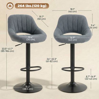 Swivel Bar Stools Set of 2, Linen Upholstered Counter Height Barstools with Round Metal Base