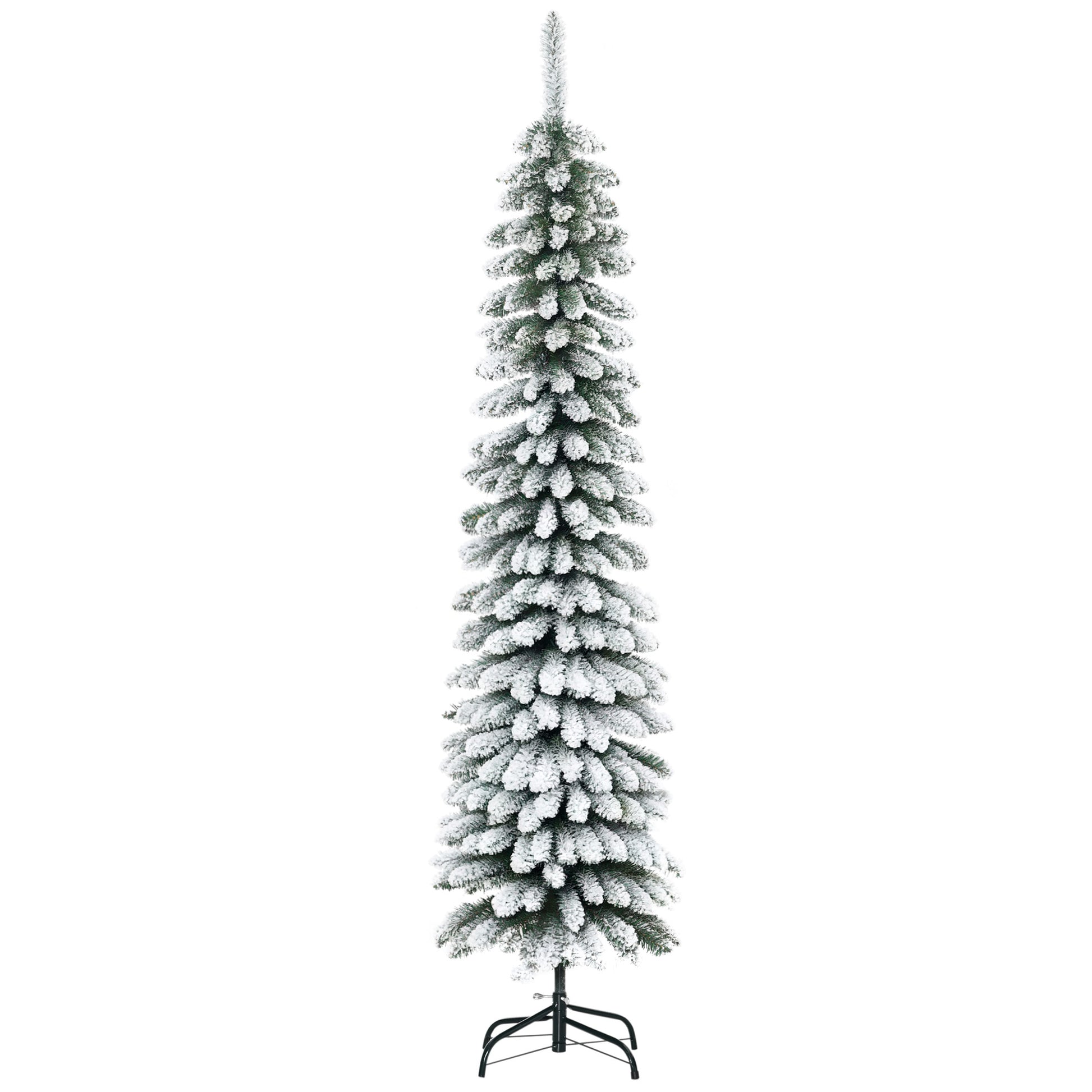 6 Ft Snow-Flocked Artificial Christmas Tree, Slim Pencil Xmas Tree with Realistic Branches, Metal Base, Green