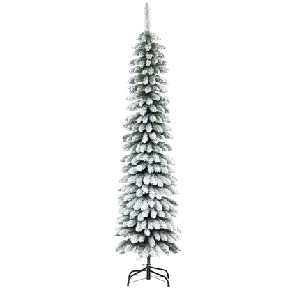 6 Ft Snow-Flocked Artificial Christmas Tree, Slim Pencil Xmas Tree with Realistic Branches, Metal Base, Green