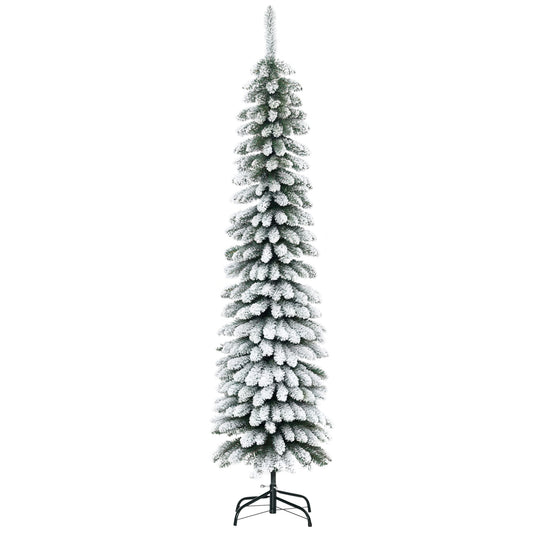 6 Ft Snow-Flocked Artificial Christmas Tree, Slim Pencil Xmas Tree with Realistic Branches, Metal Base, Green