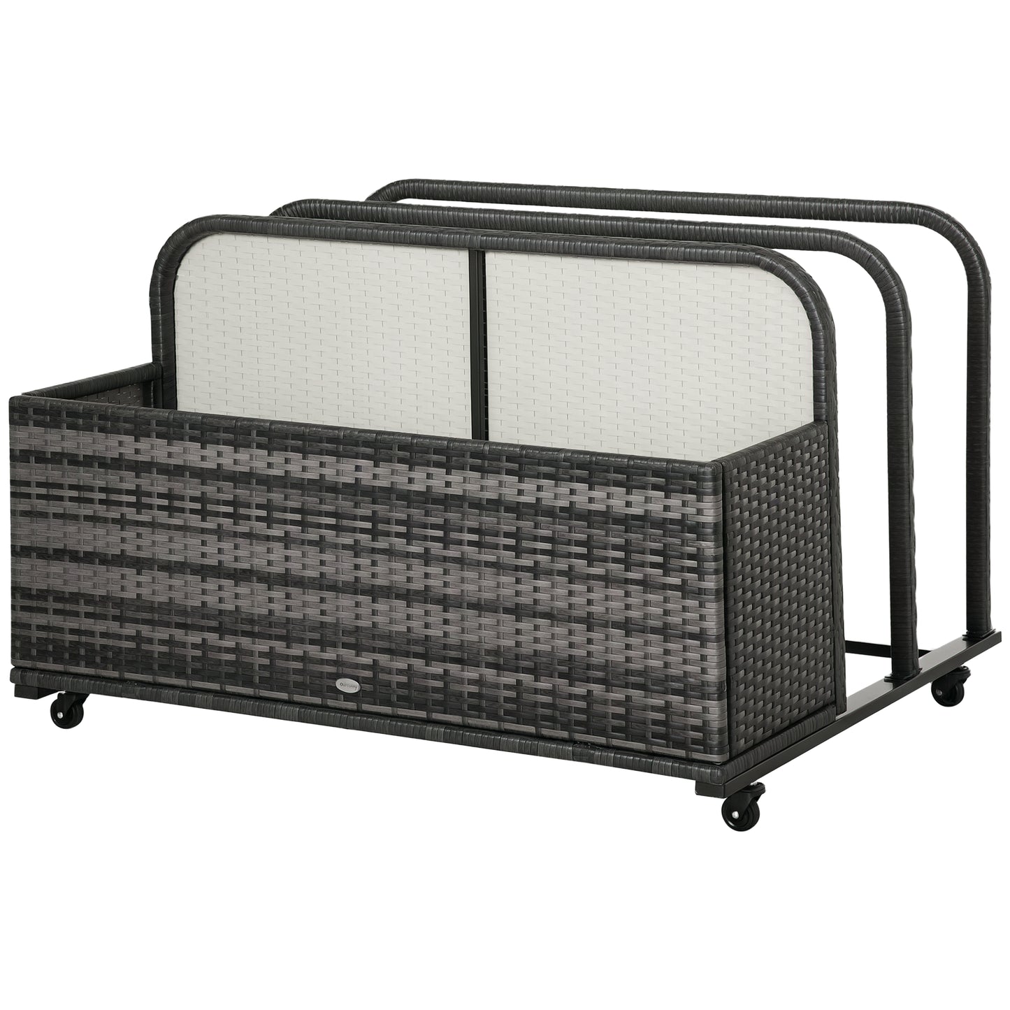 Rolling Pool Storage Rattan Patio Furniture Outdoor Storage Wicker Organizer for Floats, Paddles, Balls, Towels, Grey