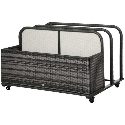 Rolling Pool Storage Rattan Patio Furniture Outdoor Storage Wicker Organizer for Floats, Paddles, Balls, Towels, Grey