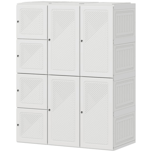 Portable Wardrobe, Foldable Plastic with 8 Compartments, 2 Hanging Rods and Magnetic Doors, White