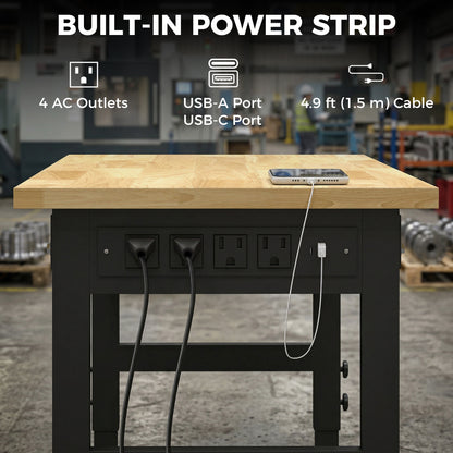 60" Adjustable Workbench, Heavy Duty Work Table with Rubber Wood Top, Power Outlets, Pegboard, 2000 LBS Capacity