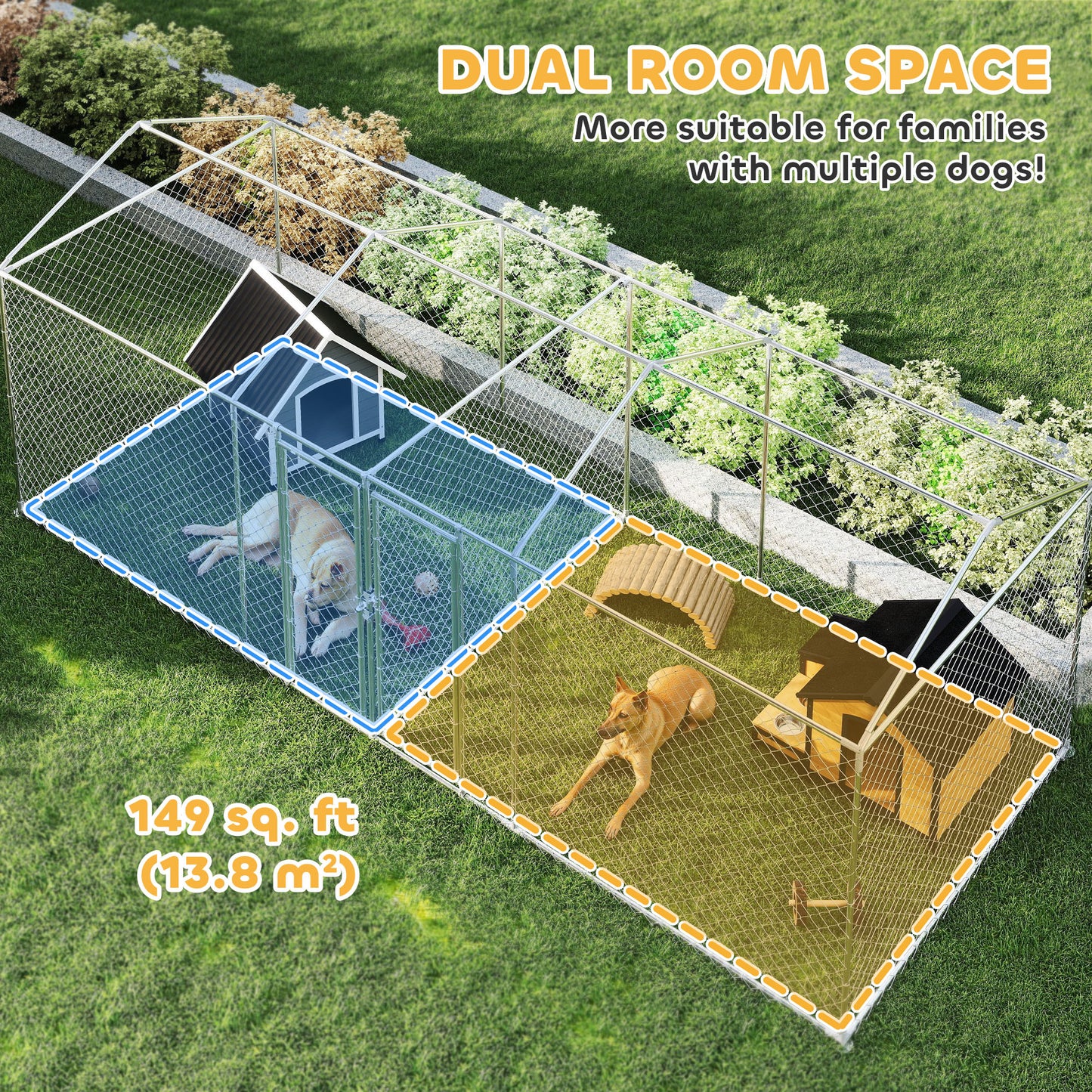 Outdoor Dog Kennel with Two Rooms, Waterproof UV-Resistant Cover, Escape-Proof Lock, 19.7' x 7.5' x 7.5'