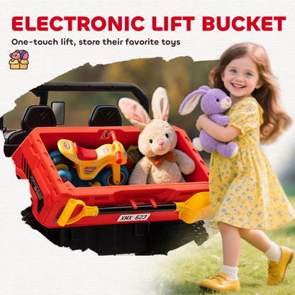 VarietyKart 12V Ride on Car with Electric Bucket, Two-Seater, Shovel, Remote Control, Spring Suspension, Horn, Music, Re