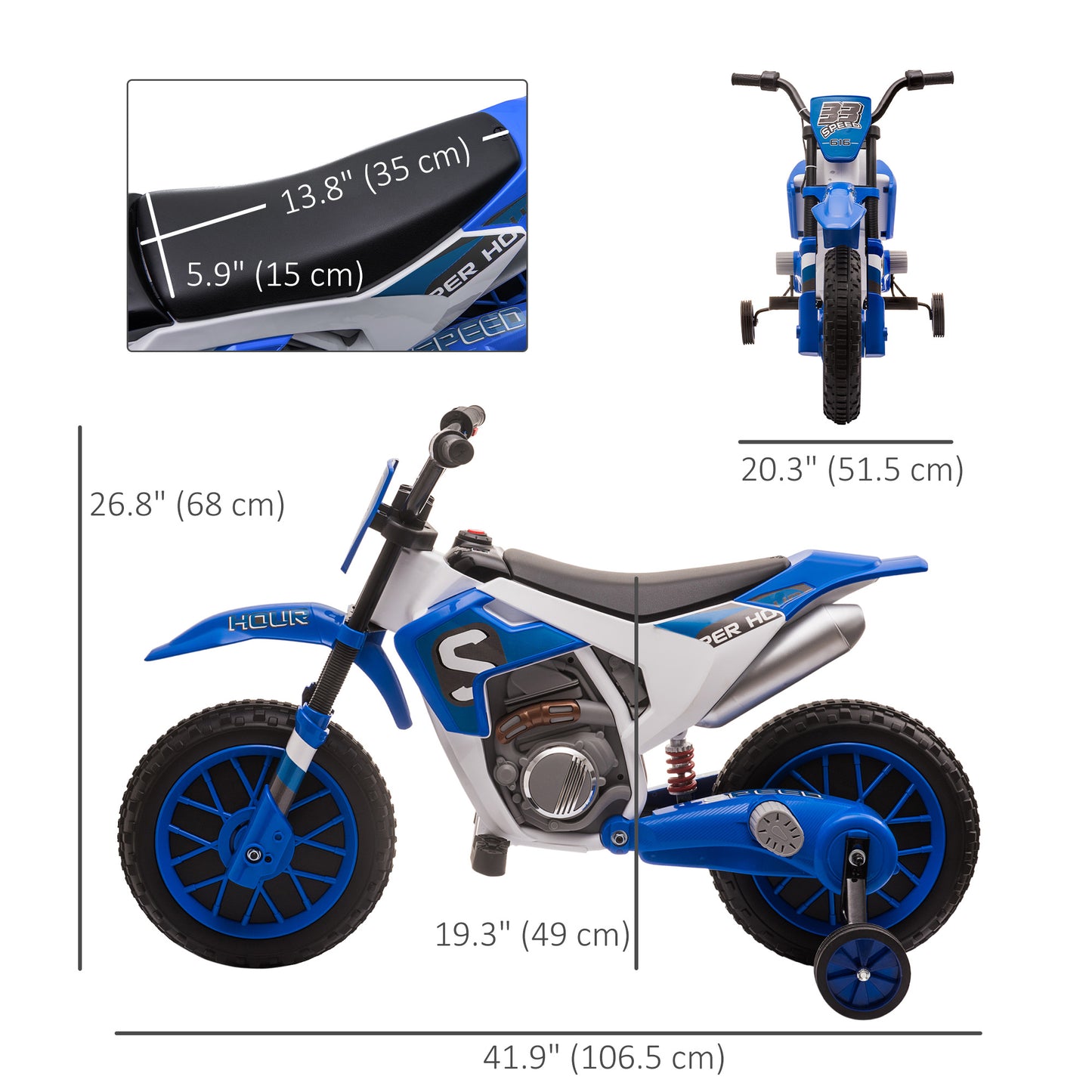 VarietyKart Kids Dirt Bike 12V Battery-Powered Ride-On Electric Motorcycle with Charging Battery, Training Wheels Blue