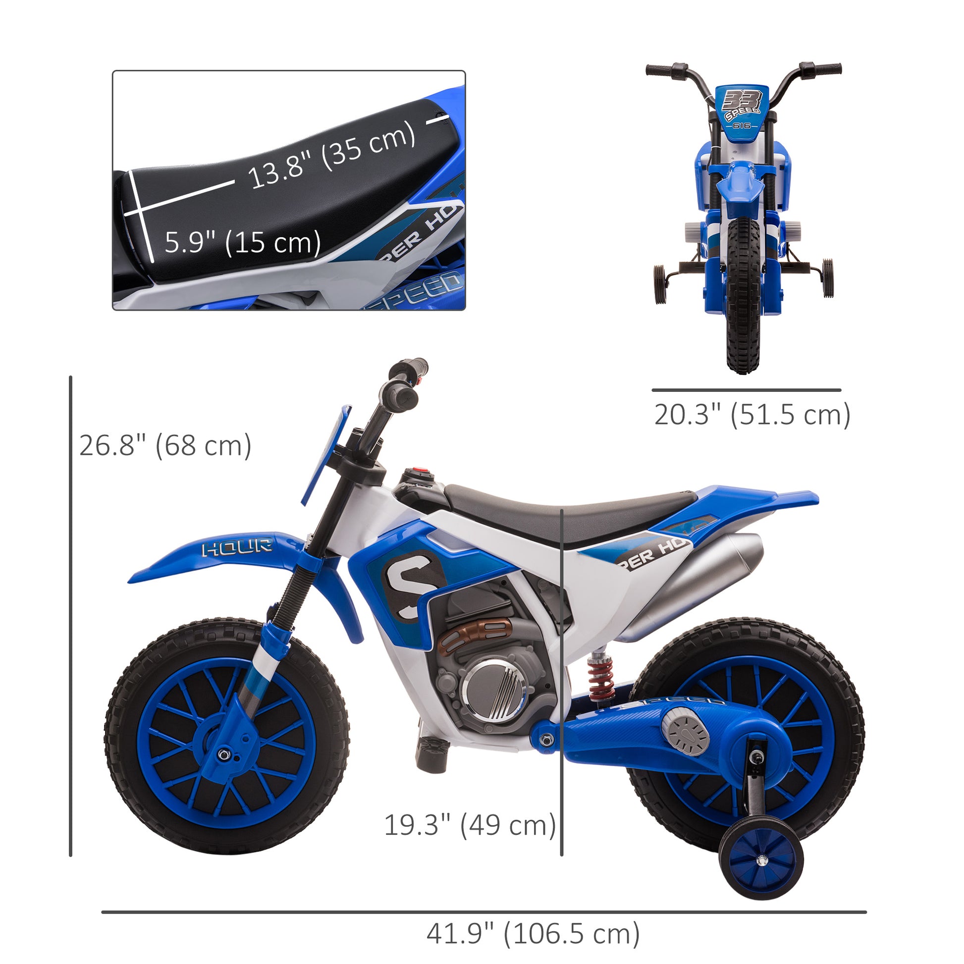 VarietyKart Kids Dirt Bike 12V Battery-Powered Ride-On Electric Motorcycle with Charging Battery, Training Wheels Blue