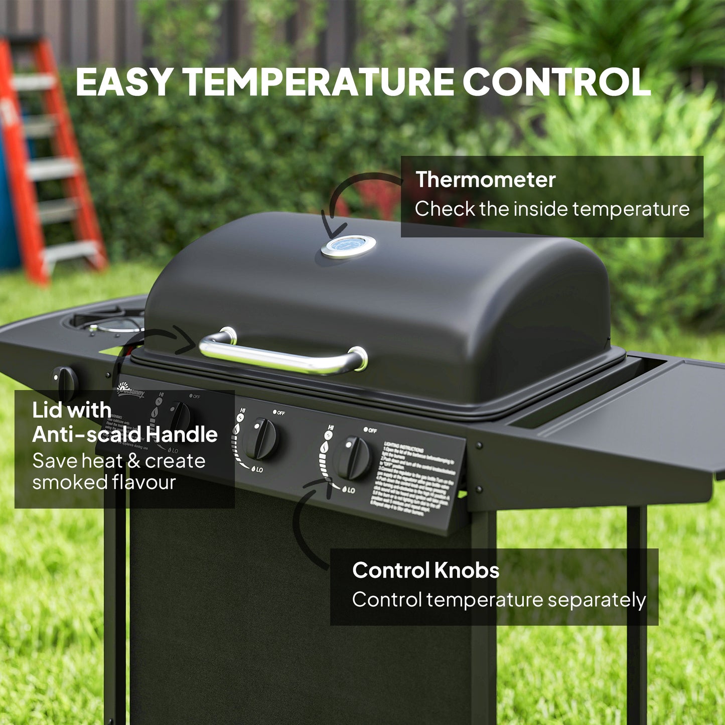 3+1 Burner Propane Gas BBQ Grill, Portable Gas Barbecue Grill with Side Burner, Thermometer, Lid, Side Table, Shelf, Spi