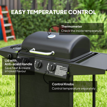 3+1 Burner Propane Gas BBQ Grill, Portable Gas Barbecue Grill with Side Burner, Thermometer, Lid, Side Table, Shelf, Spi
