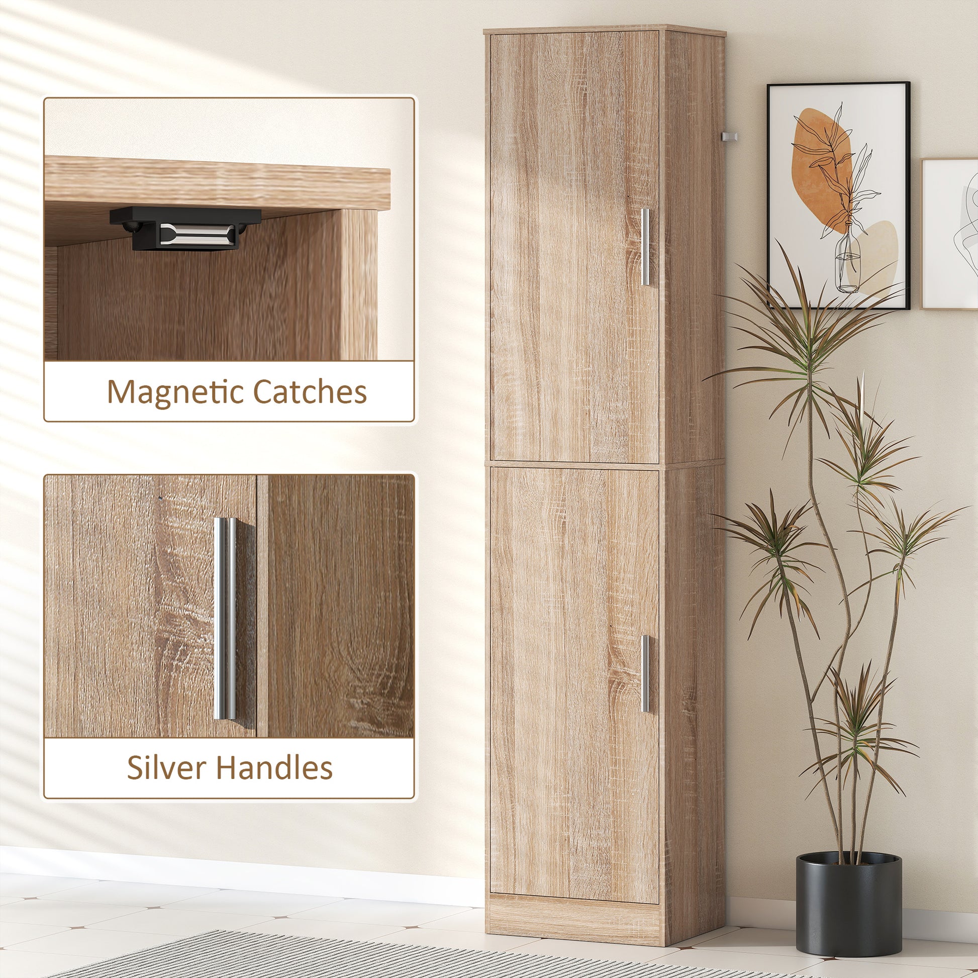 Tall Bathroom Cabinet, Slim 6-Tier Bathroom Floor Cabinet with 2 Doors and 4 Adjustable Shelves, Natural Wood
