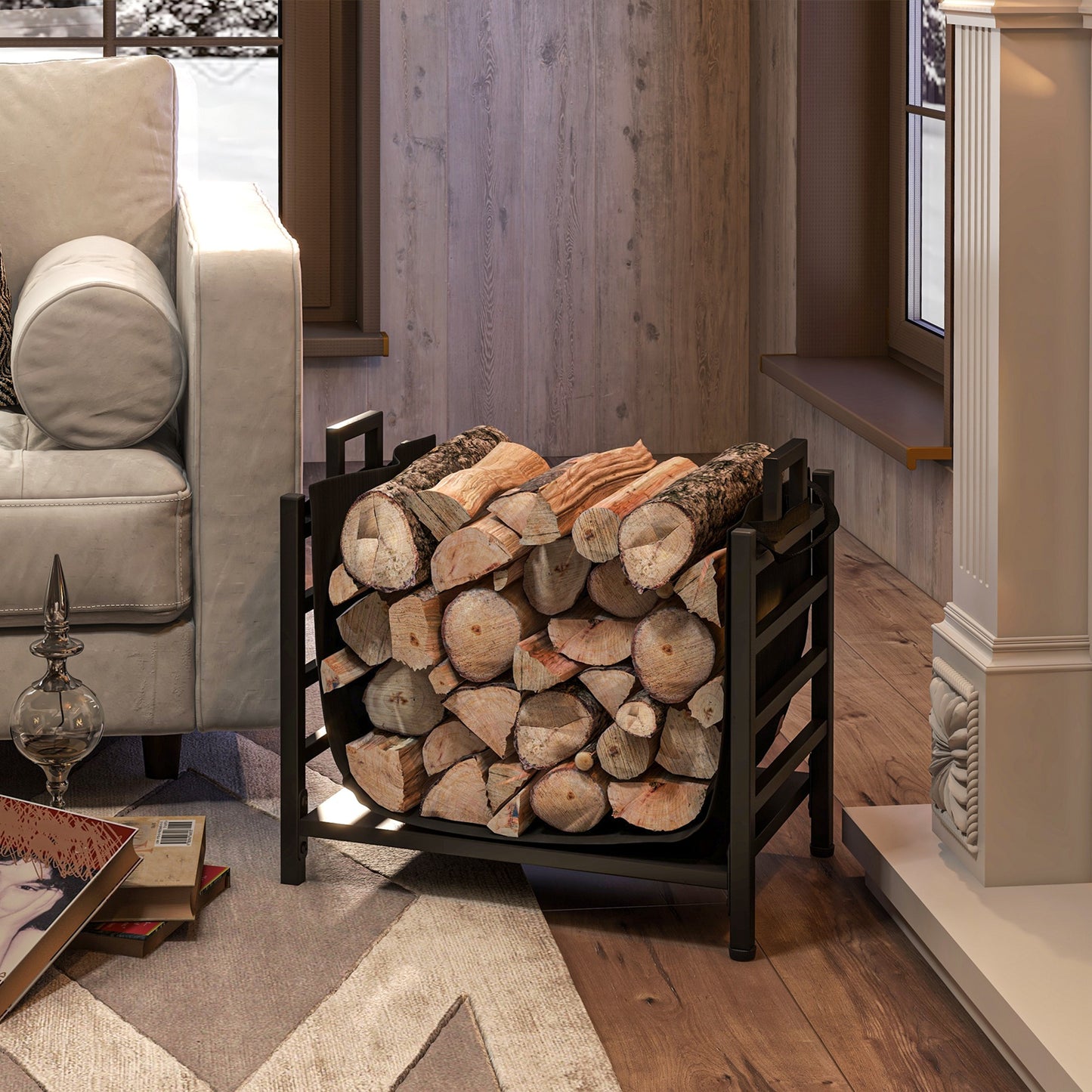 Outdoor Firewood Rack with Log Carrier, Heavy Duty Steel Wood Log Storage Stacker for Fireplace, Black