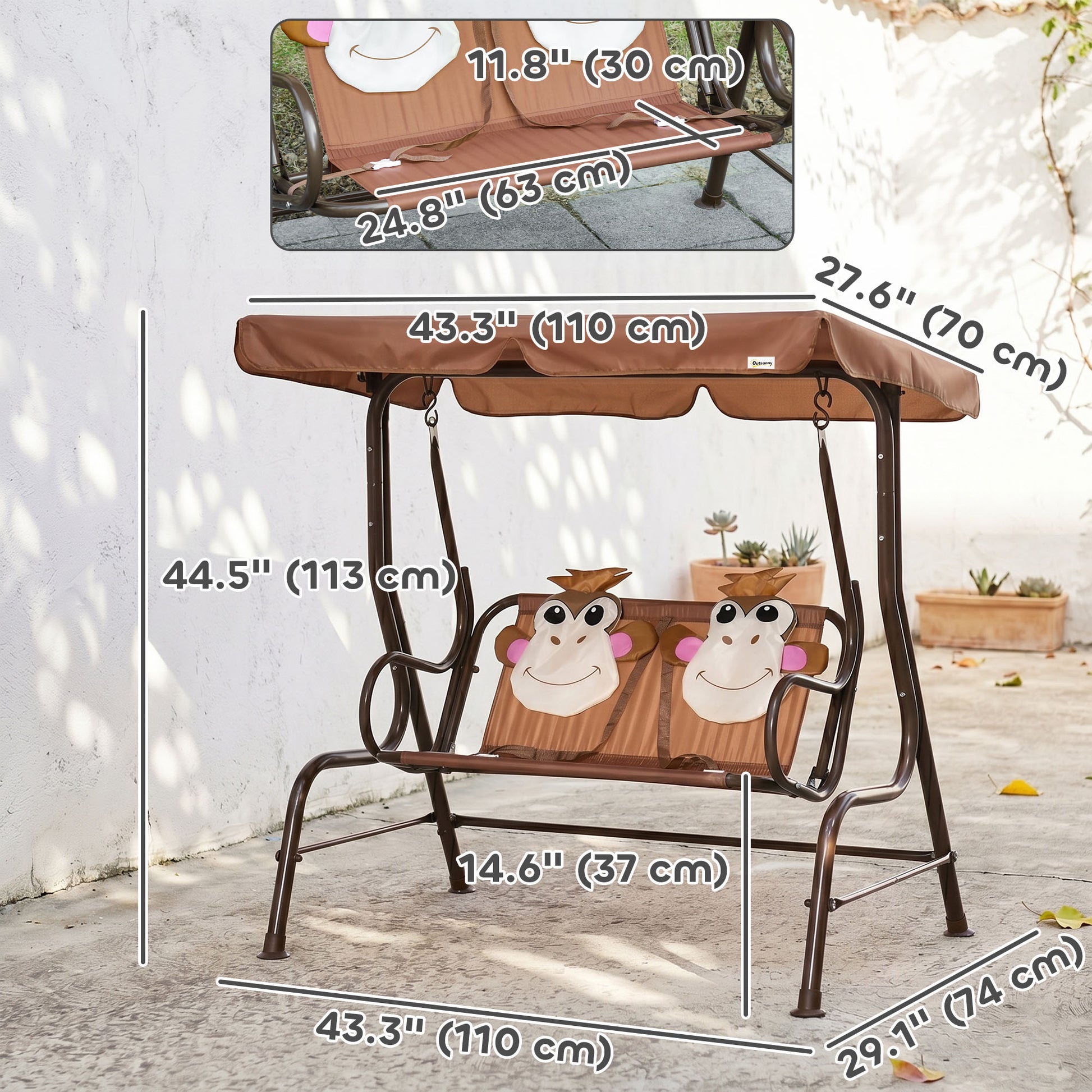 2-Seat Kids Porch Swing Chair, Children Outdoor Patio Furniture Lounge Chair for Garden, with Adjustable Canopy, Seat Be