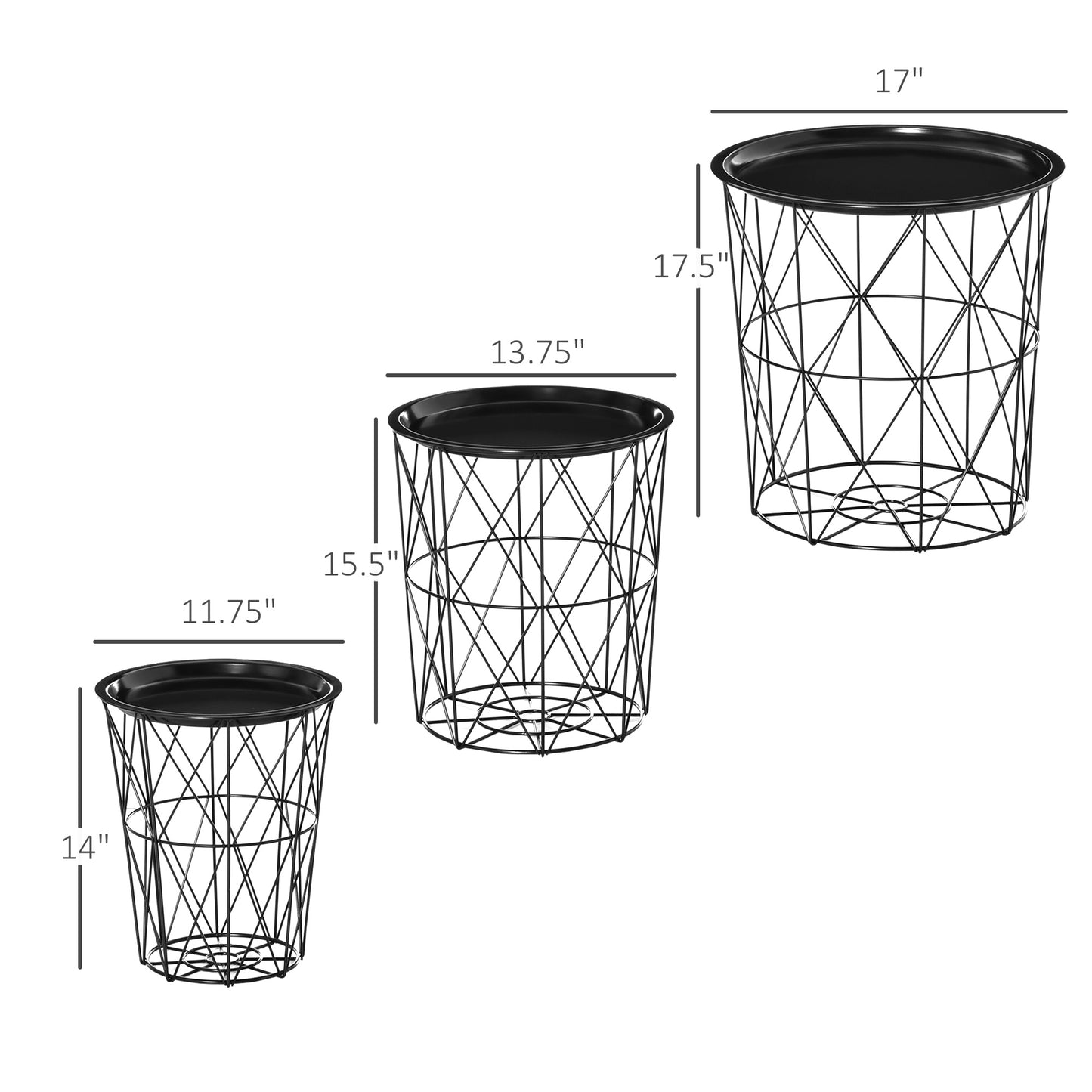Set of 3 Nesting Coffee Tables with Storage, Round End Table with Removable Tray, Basket Side Tables with Metal Frame fo