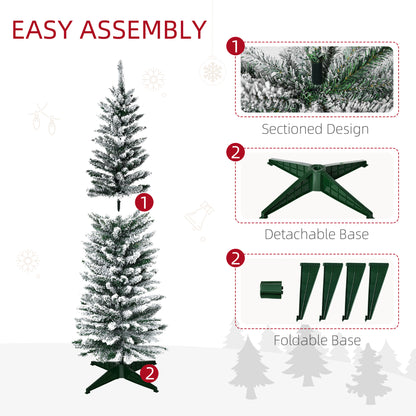 5ft Tall Pencil Artificial Christmas Tree, Holiday Décor with Snow Flocked Branches, Green