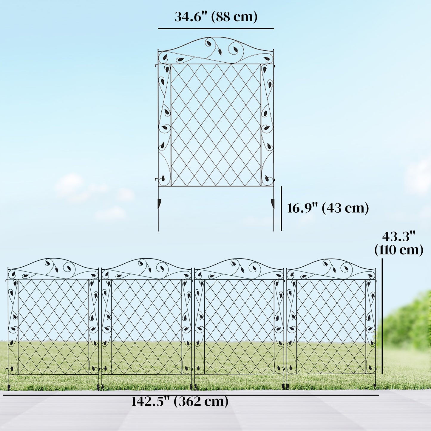 Outdoor Metal Garden Fence Panels, Border Edging for Yard, Patio, 4 Pack, Wavey Vines