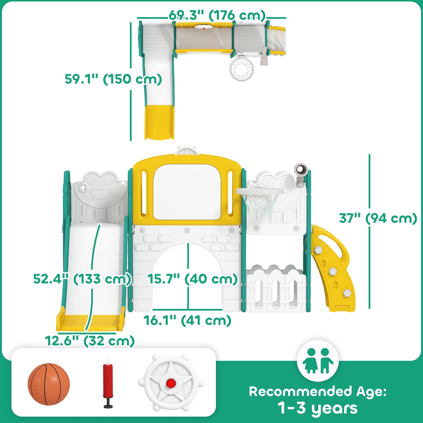 Qaba 7 in 1 Toddler Slide with Basketball Hoop, Climbing Frame, Telescope, Drawing Board, Storage Box for Ages 1-3, Yell