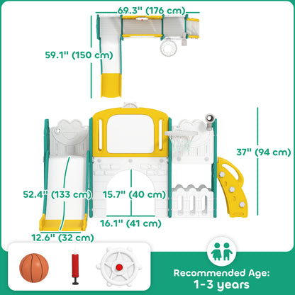 Qaba 7 in 1 Toddler Slide with Basketball Hoop, Climbing Frame, Telescope, Drawing Board, Storage Box for Ages 1-3, Yell