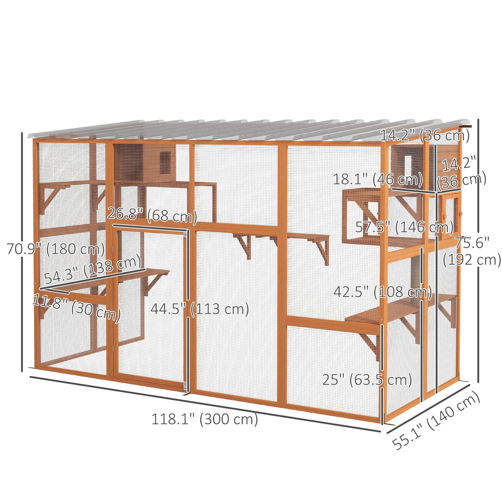 Large Outdoor Catio with 2 Condos, Jumping Platforms, Waterproof Roof, Orange