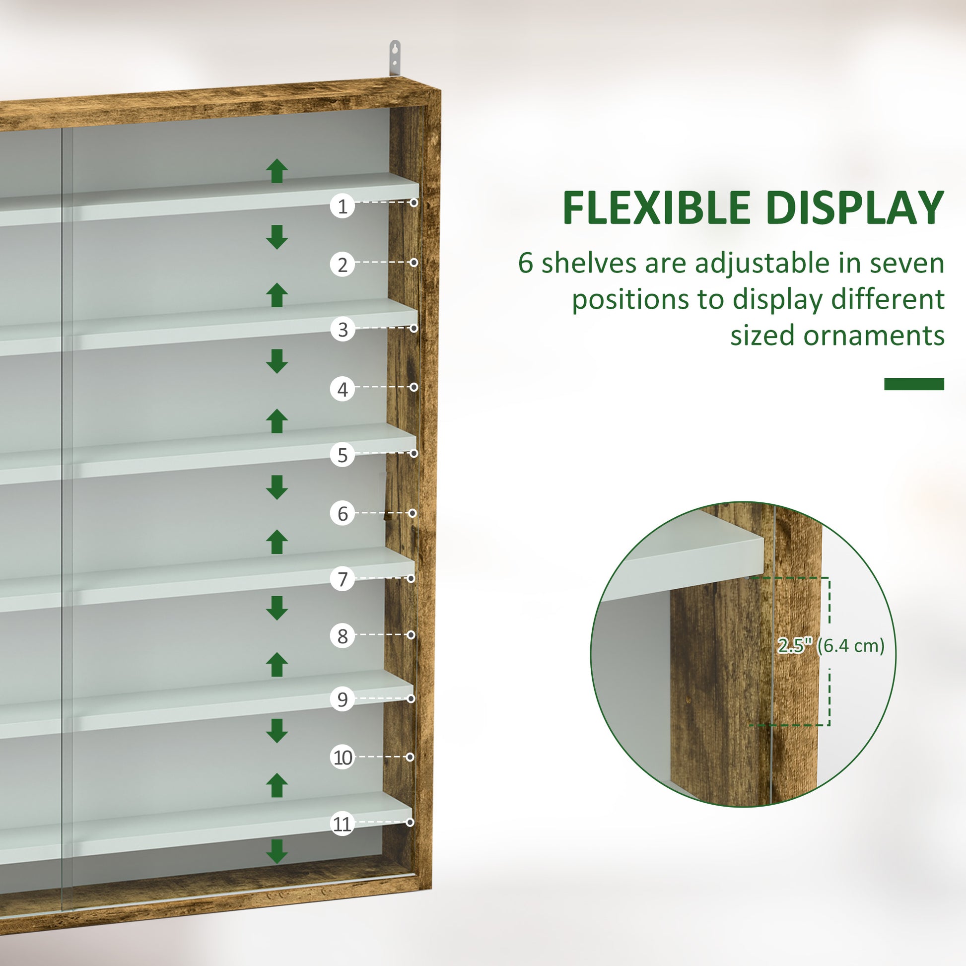 7-Tier Display Cabinet, Shot Glass Display Case, Glass Curio Cabinet with 2 Glass Doors and 6 Adjustable Shelves, Rustic