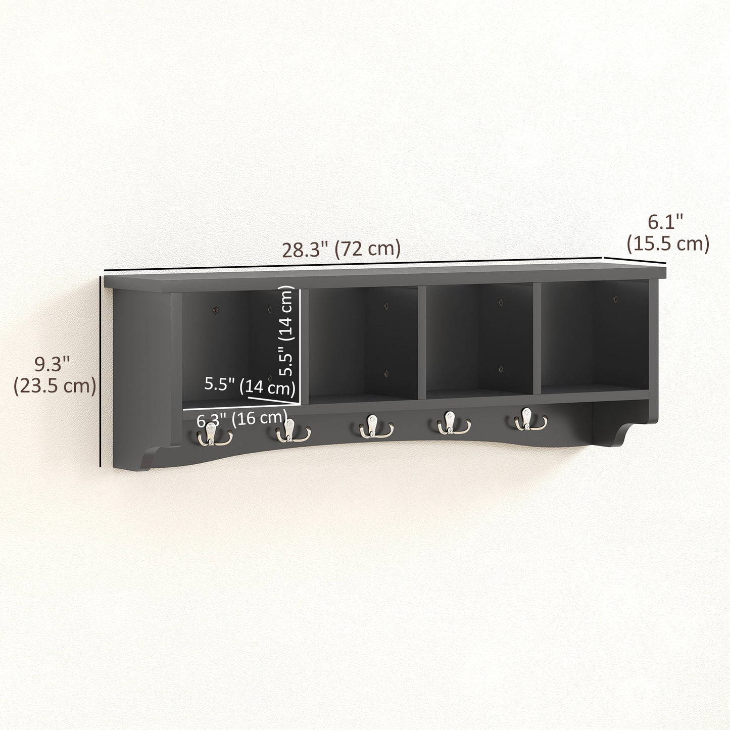 Coat Rack Wall Mount with Shelf, 28" Wall Coat Rack with 5 Hooks and 4 Compartments for Living Room, Entryway, Black