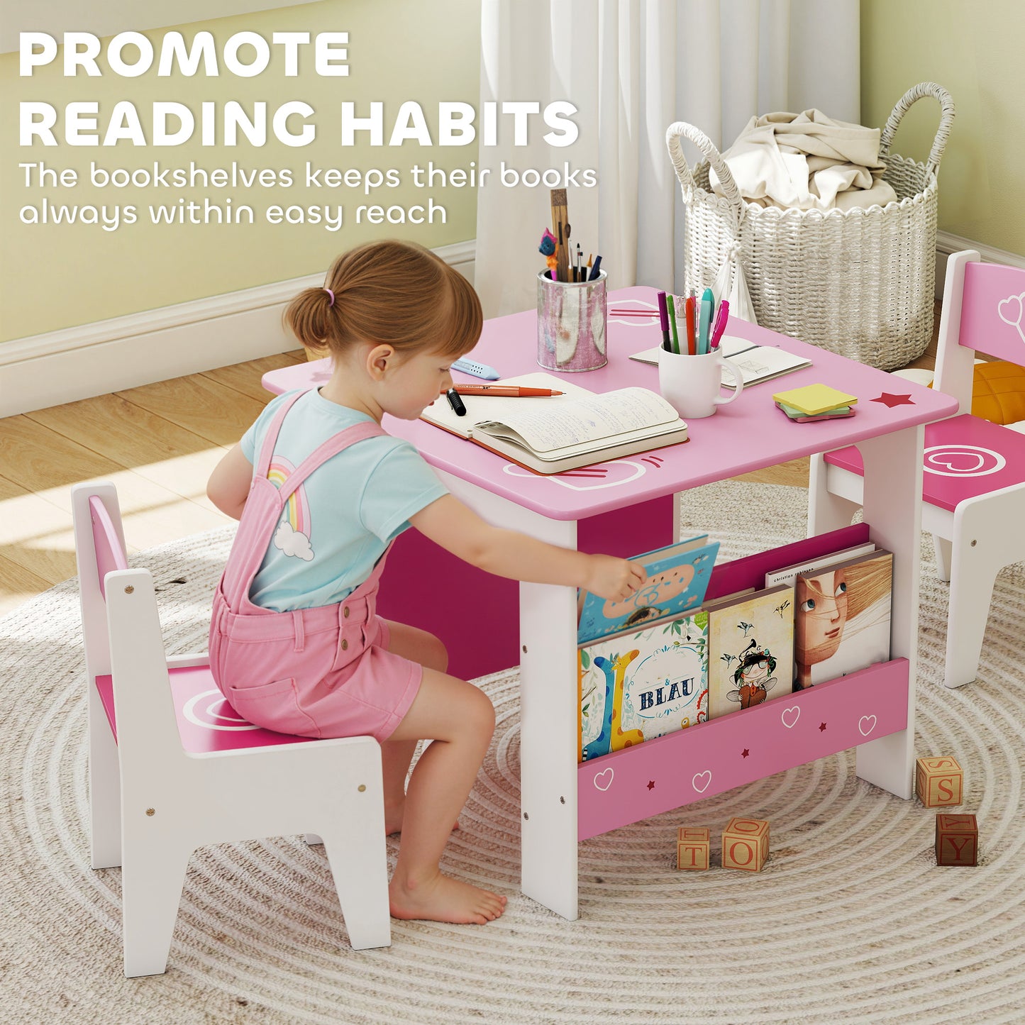 Qaba 3 Pieces Kids Table and Chair Set with Bookshelves, for Classroom, Home, Nursery, Playroom, for Read, Draw, Art, Pi