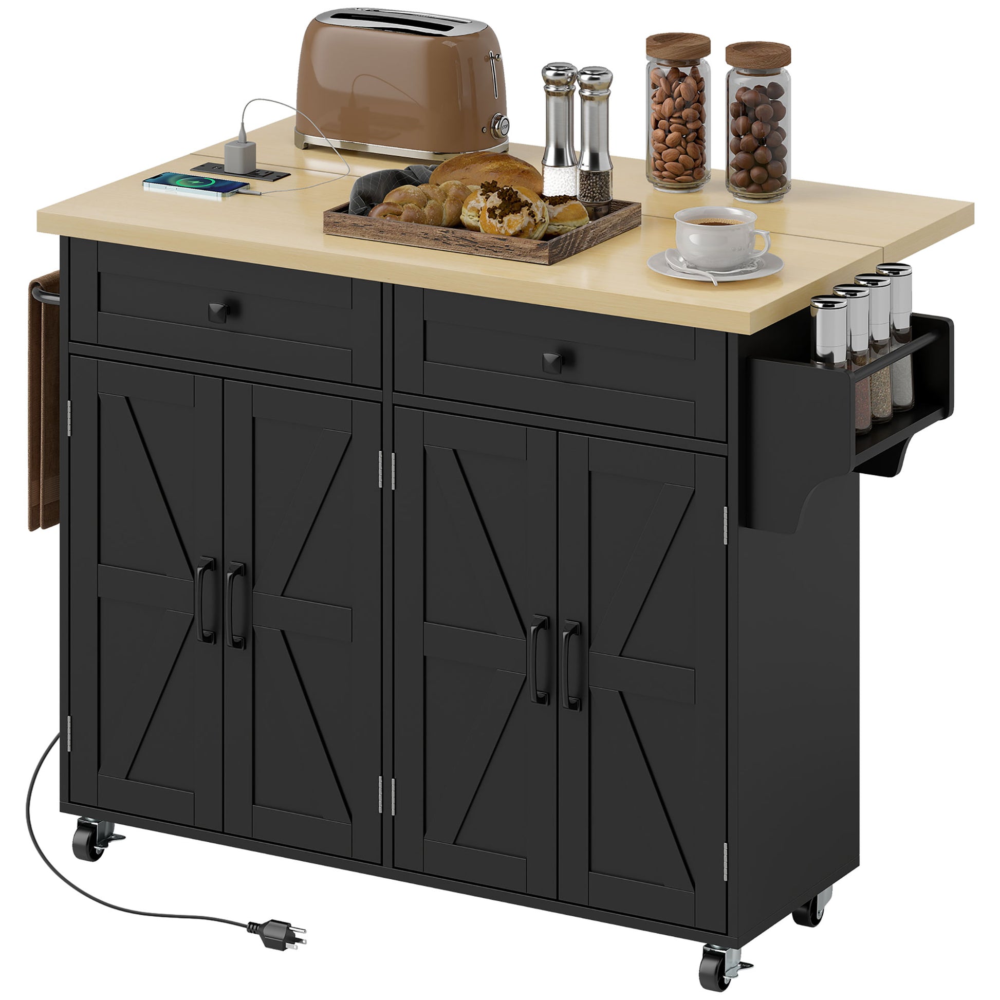 Kitchen Island with Storage, Rolling Kitchen Cart with Charging Station, Drop Leaf, Spice Rack, Towel Rack, Drawers