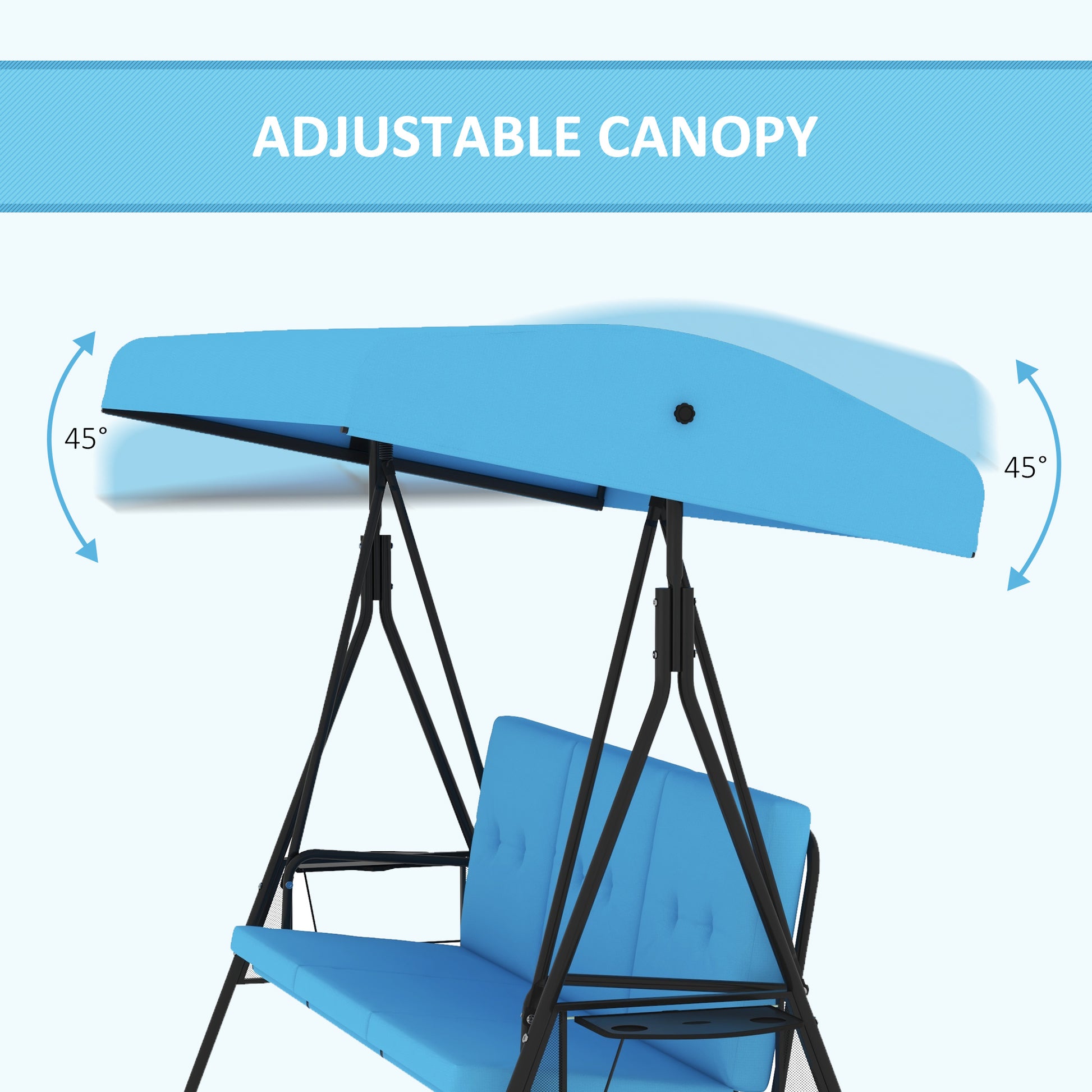 3-Seat Outdoor Porch Swing Patio Swing with Adjustable Canopy, Side Tray, Removable Cushion for Garden, Poolside, Blue