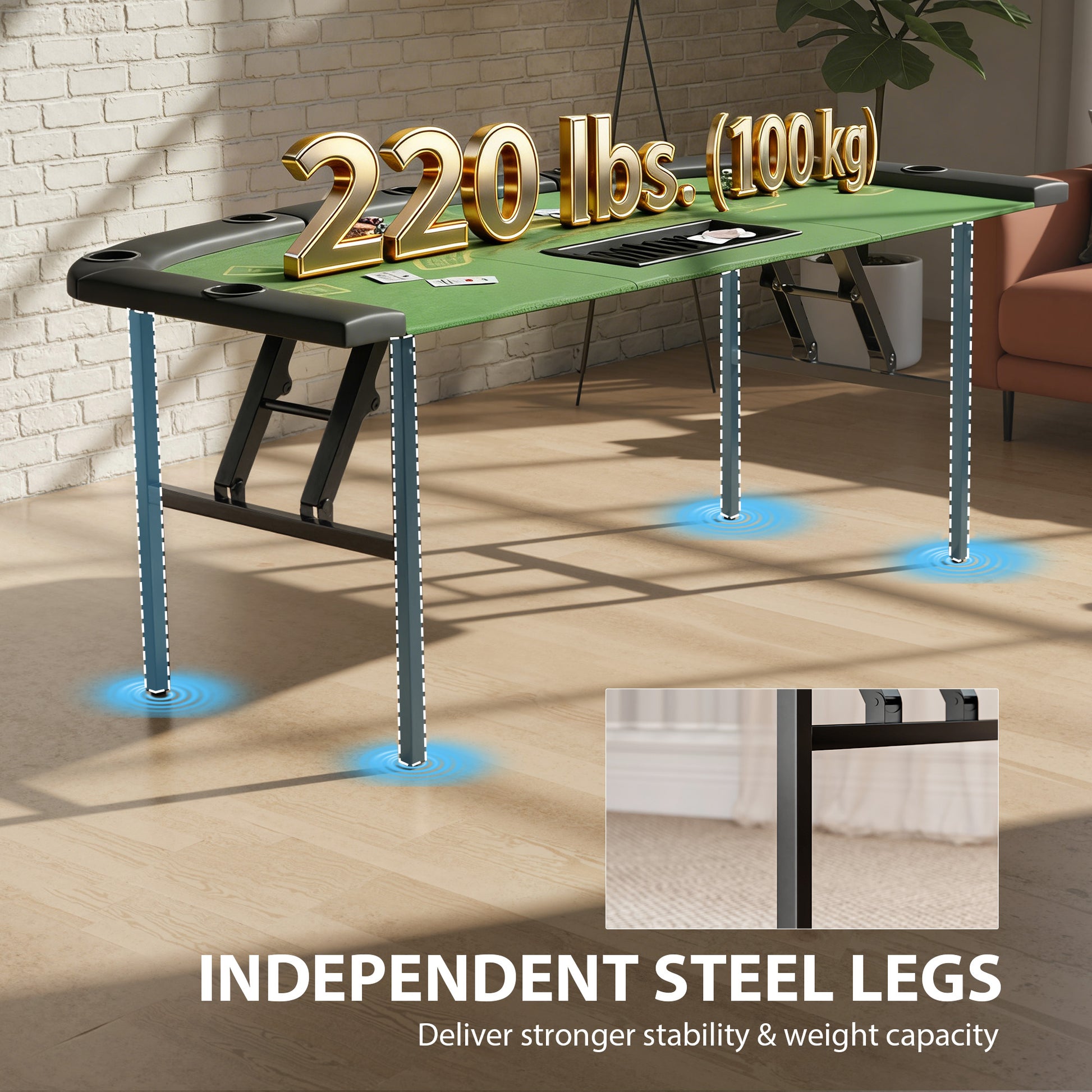 Soozier Poker Table Foldable, 72" 8 Player Casino Leisure Blackjack Texas Holdem Poker Table with 7 Cup Holders, Green