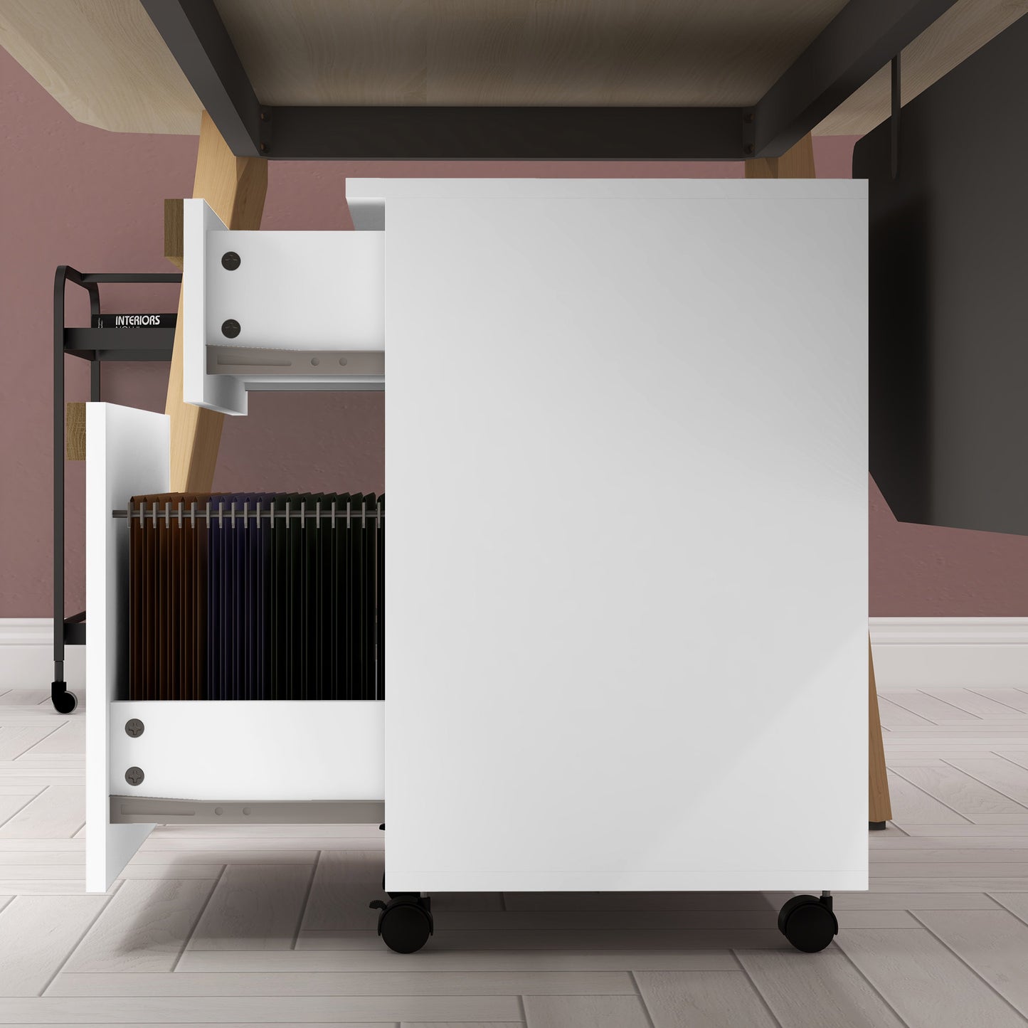 Mobile Filing Cabinet with 2 Drawers, Office Storage Cabinet with 5 Wheels, White Wood Grain