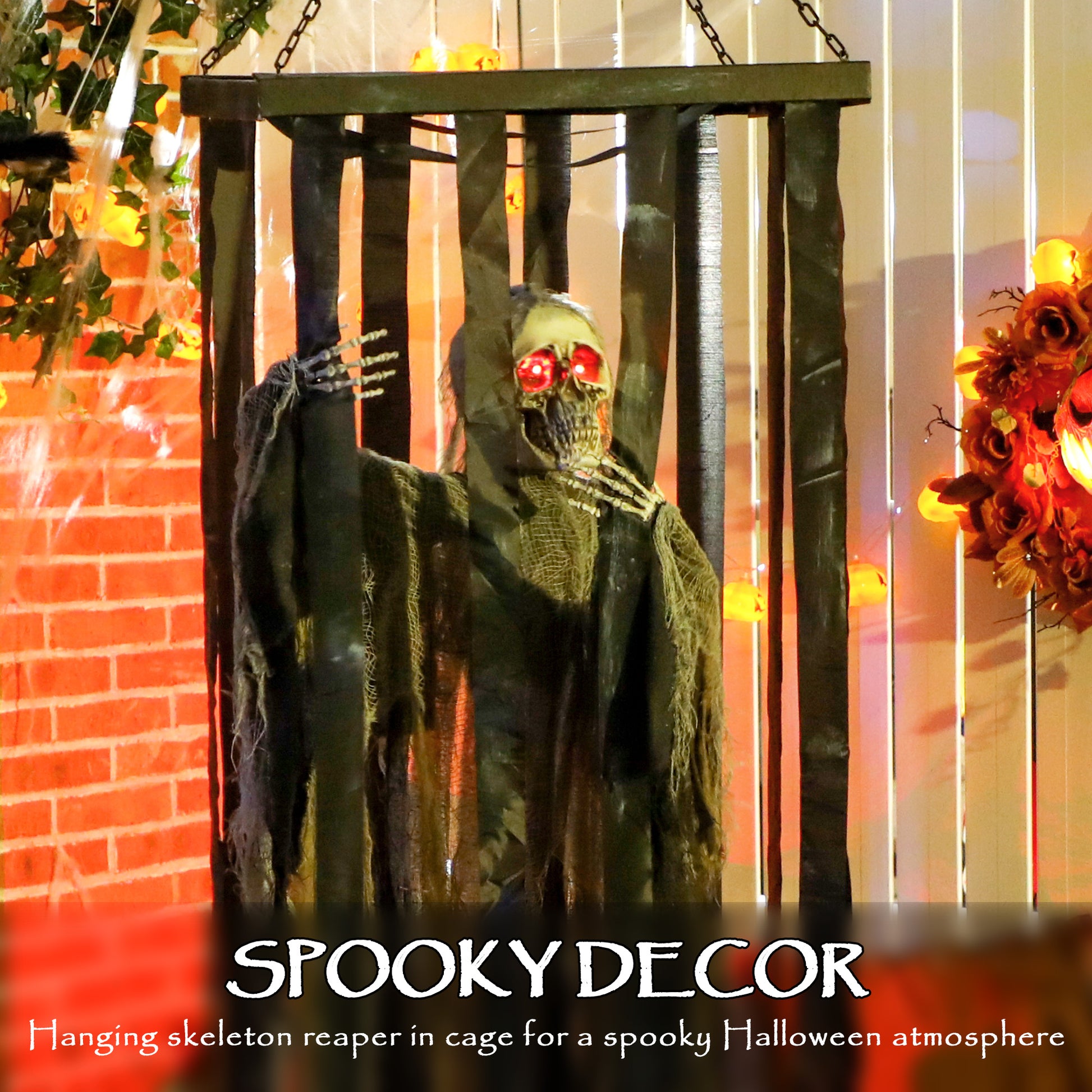 Animatronics Hanging Skeleton Reaper in Cage, Voice-Activated Prop with Flashing Eyes, Easy Setup Indoor