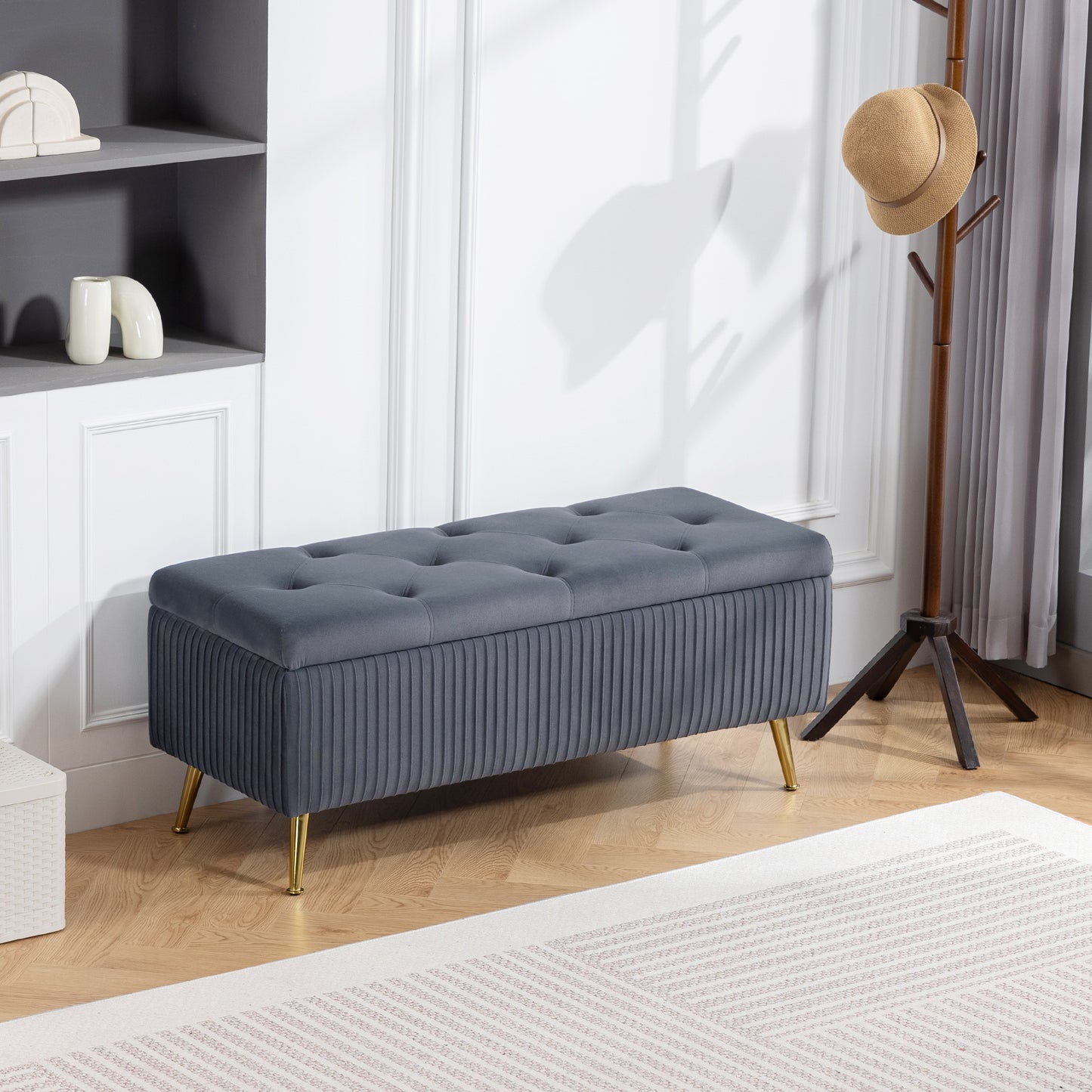 Storage Ottoman Bench, 43 Inch Large Storage Chest with Steel Legs and Padded Seat, Foot Rest, Load 485 lbs, Dark Grey