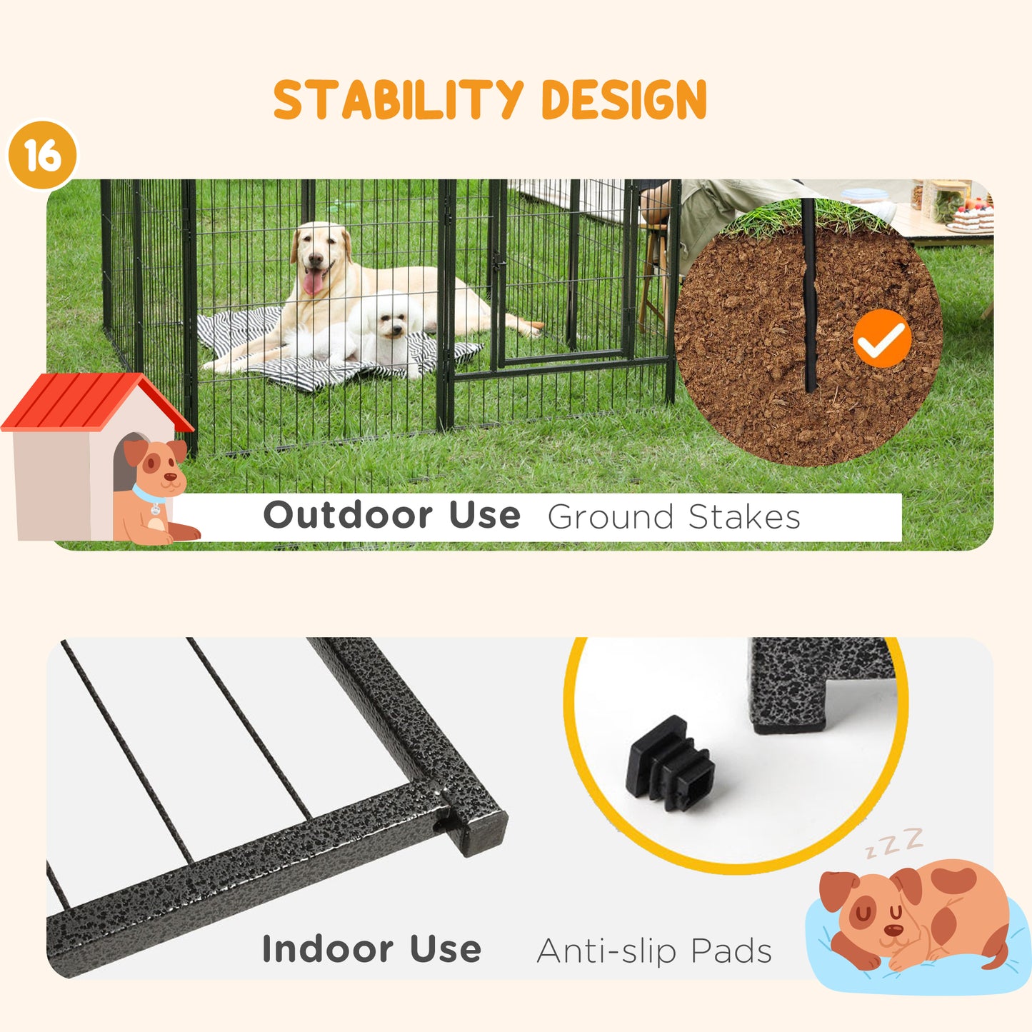 Heavy Duty Dog Playpen, 16 Panels Pet Playpen Dog Fence, Portable Puppy Exercise Pen, with 2 Doors Locking Latch, Outdoo