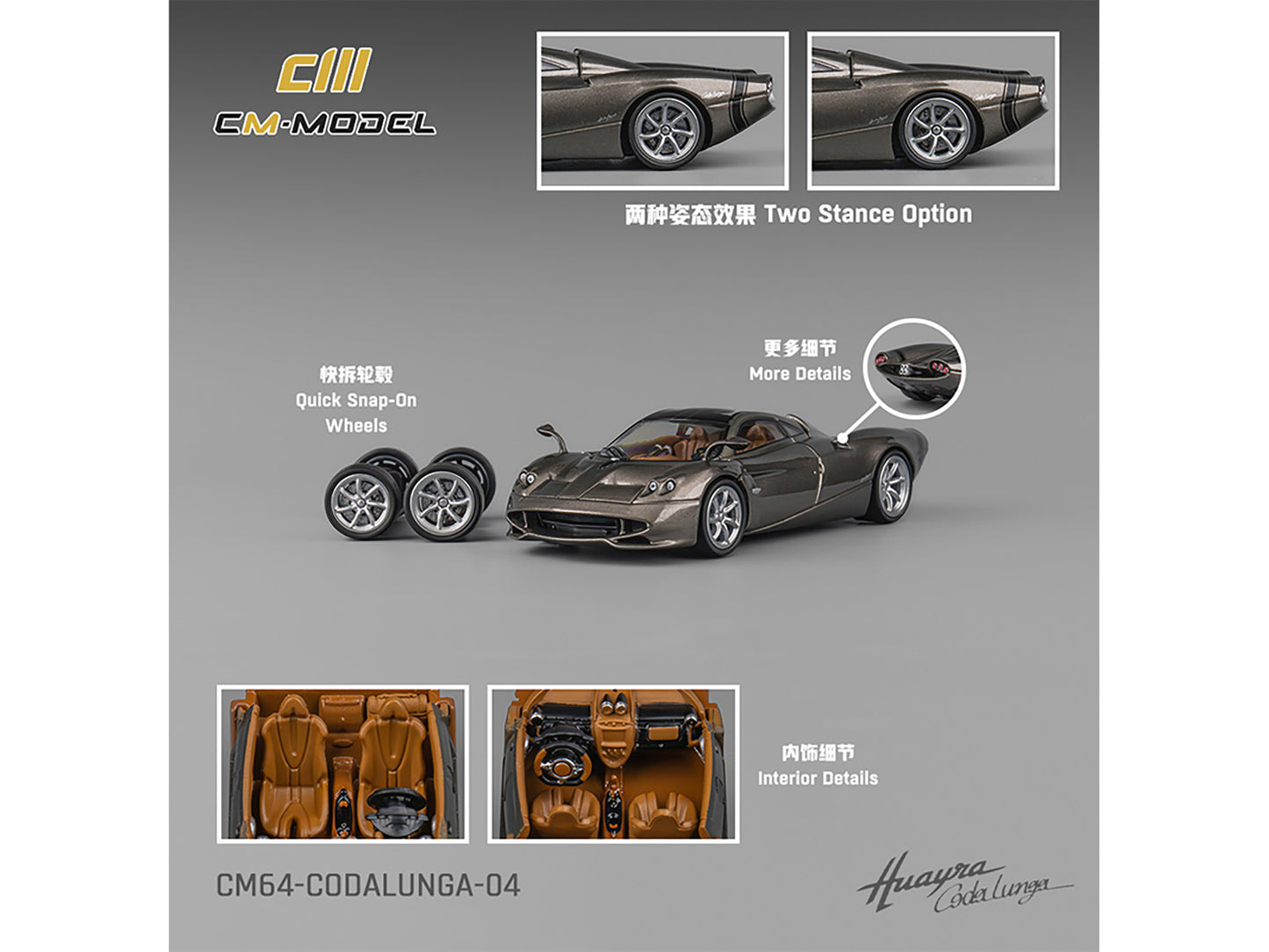 Pagani Huayra Codalunga Gun Metal Gray Metallic with Sunroof and Extra Wheels 1/64 Diecast Model Car by CM Model