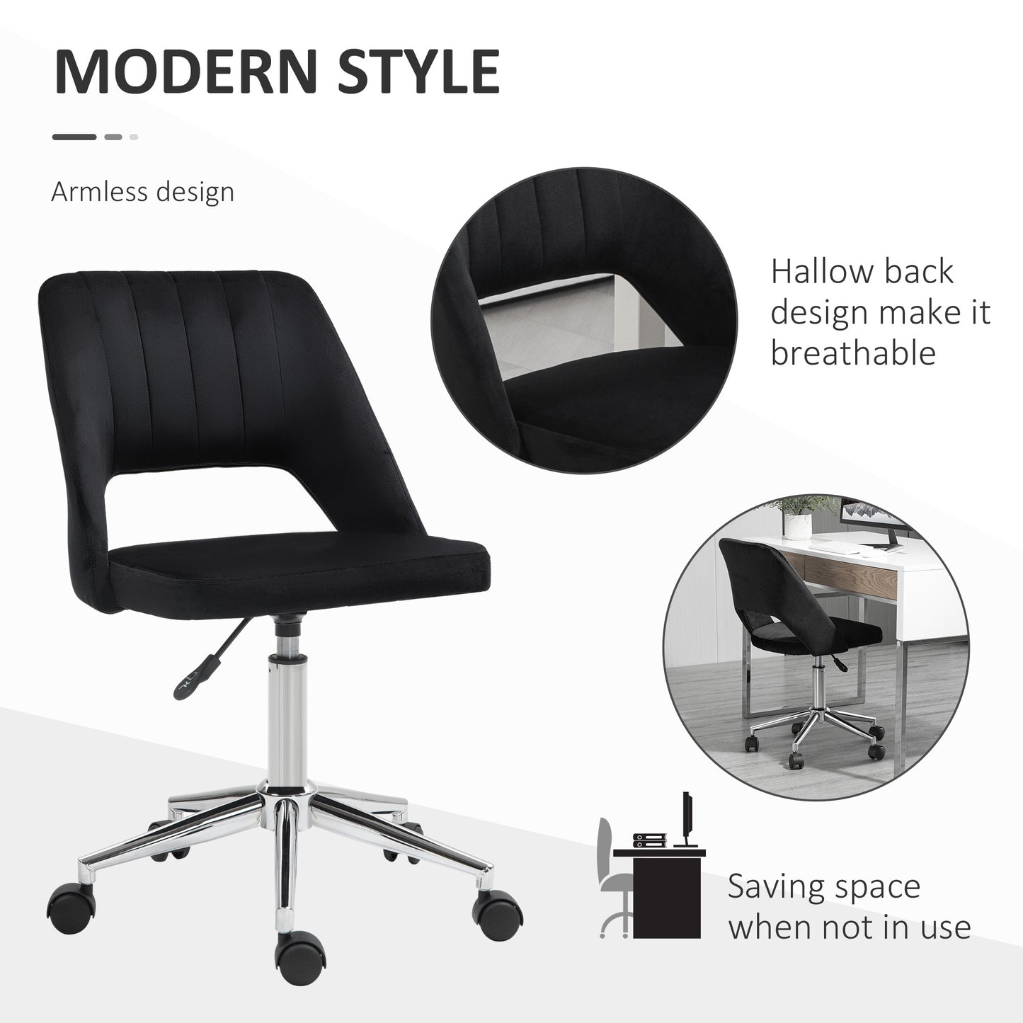 Mid Back Office Chair Velvet Fabric Swivel Scallop Shape Computer Desk Chair, Black