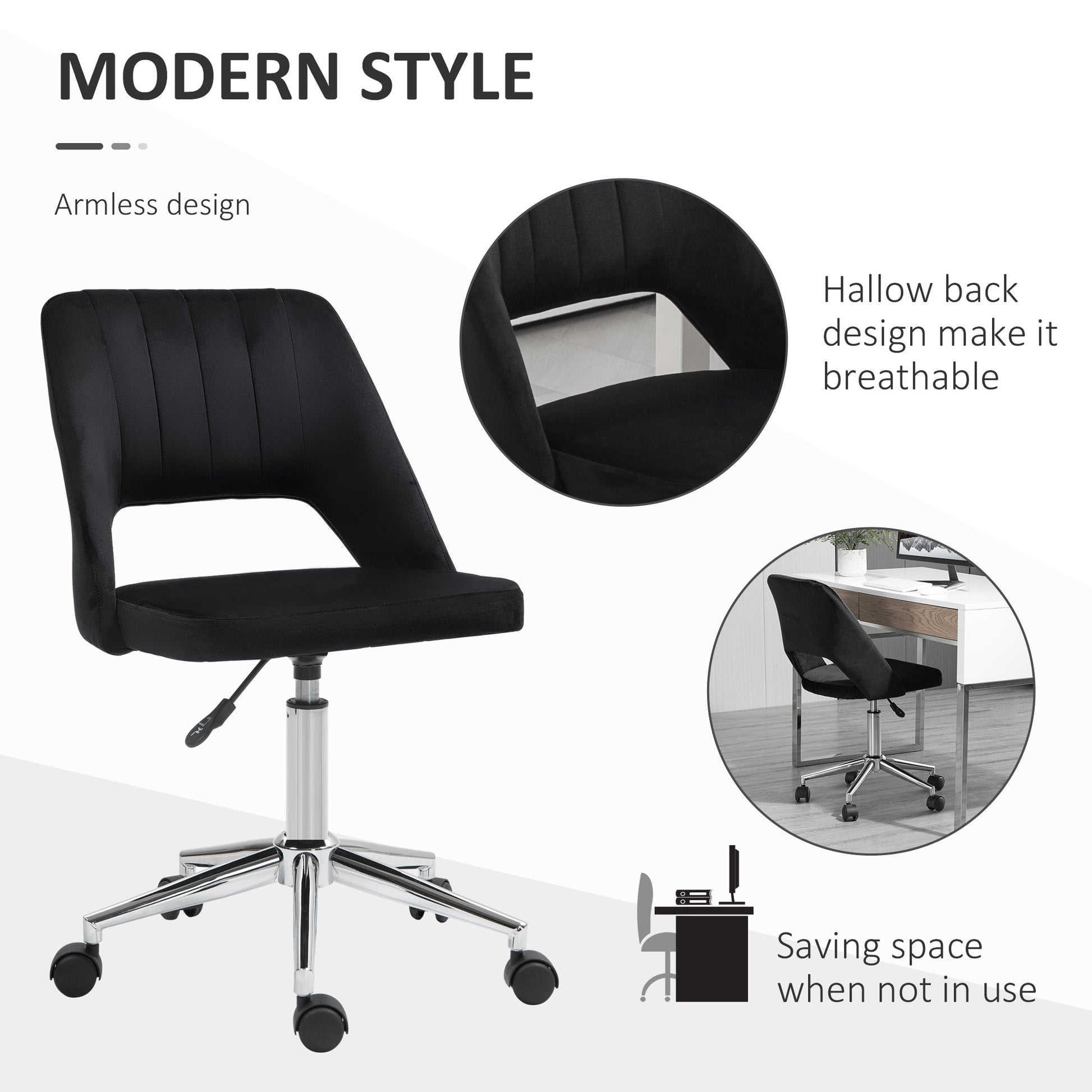 Mid Back Office Chair Velvet Fabric Swivel Scallop Shape Computer Desk Chair, Black