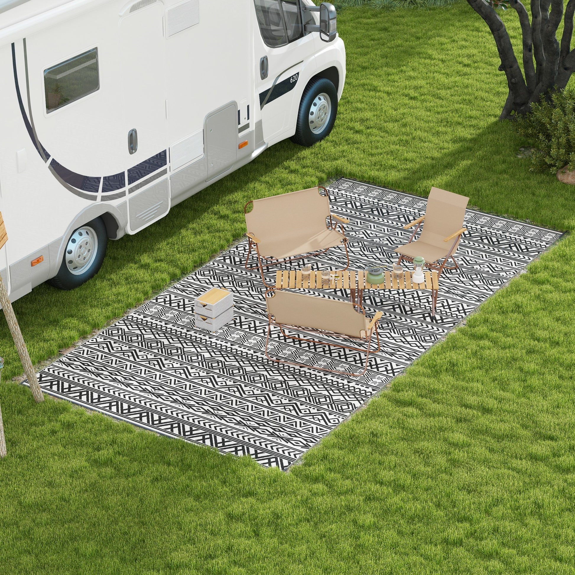 Reversible Outdoor Rug Waterproof Plastic Straw RV Rug with Carry Bag, 9' x 18', Grey and Cream White Boho