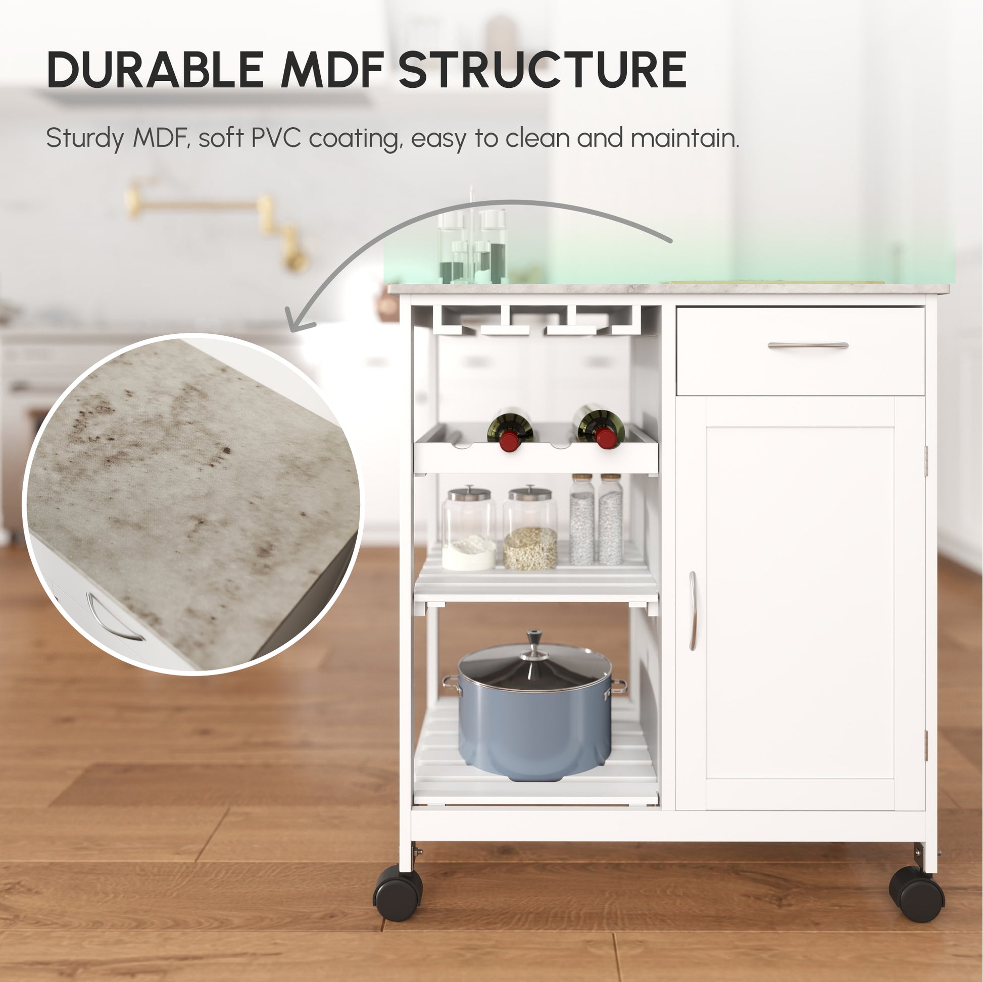 Rolling Kitchen Cart, Bar Cart on Wheels with Wine Rack, Drawer, Open Shelves, Cabinet and Faux Marble Top, Kitchen Isla