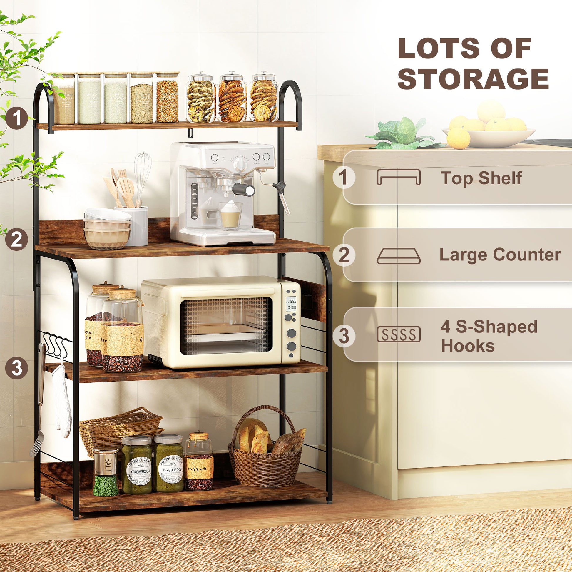 Baker's Rack with Charing Station, Microwave Shelf with Power Outlet, USB Charger and 4 Hooks, Rustic Brown