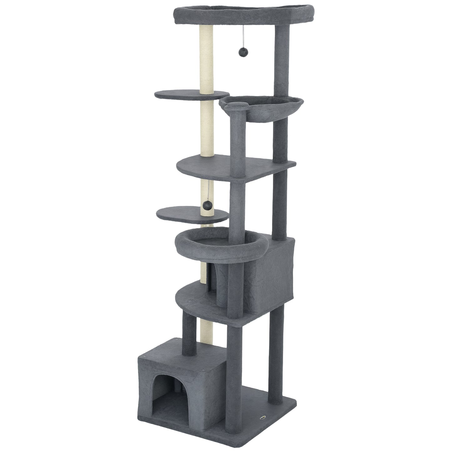 79" Extra Tall Cat Tree with Scratching Posts, Perches, Caves, Hammock, Pompoms, for 2-3 Indoor Cats, Dark Grey