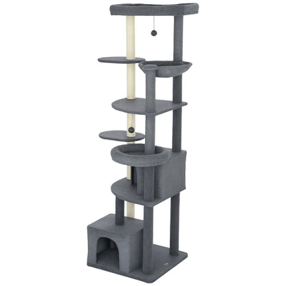 79" Extra Tall Cat Tree with Scratching Posts, Perches, Caves, Hammock, Pompoms, for 2-3 Indoor Cats, Dark Grey