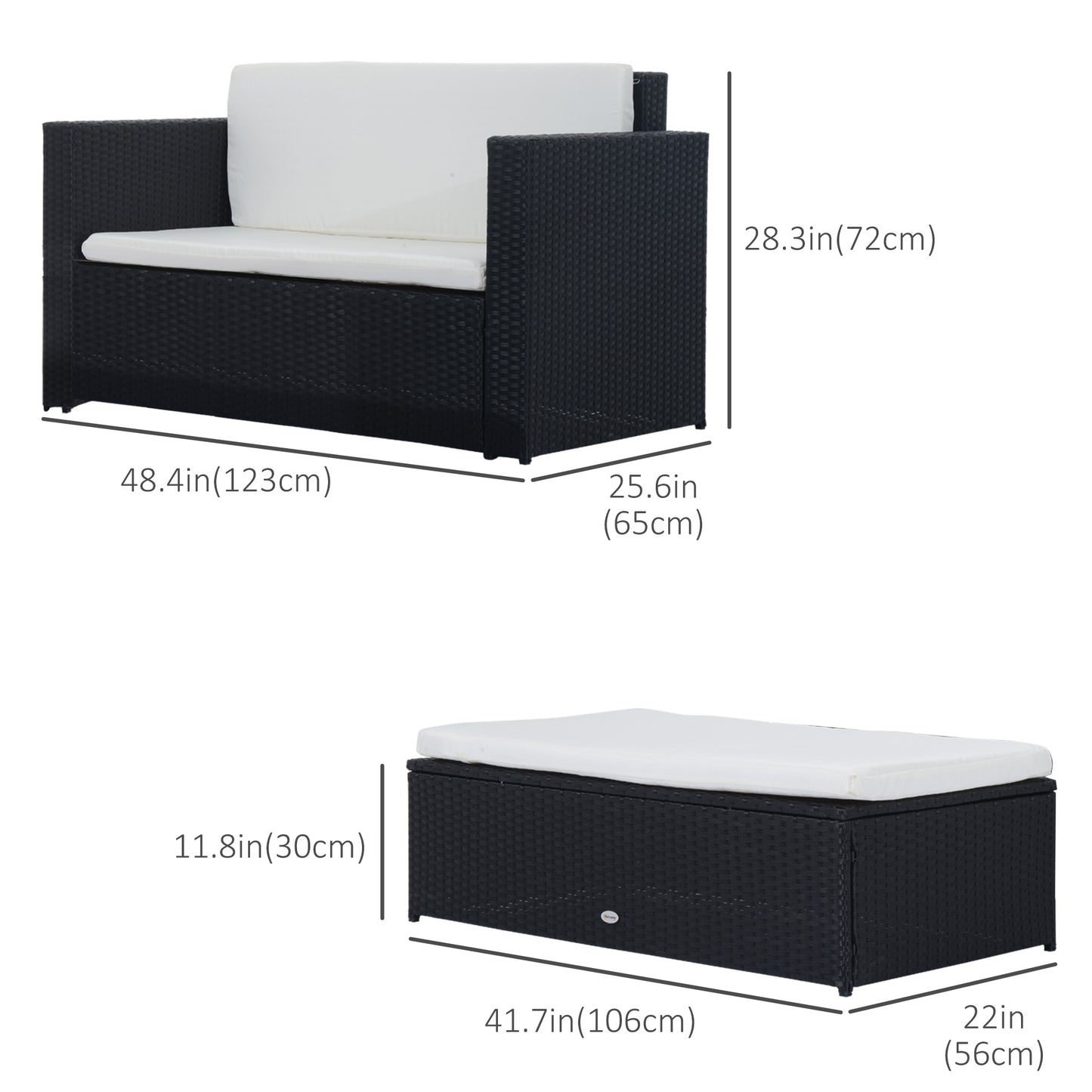 2 Pieces Wicker Patio Furniture Set with Double Ottoman, Outdoor PE Rattan Conversation Set with Loveseat and Two Seat O