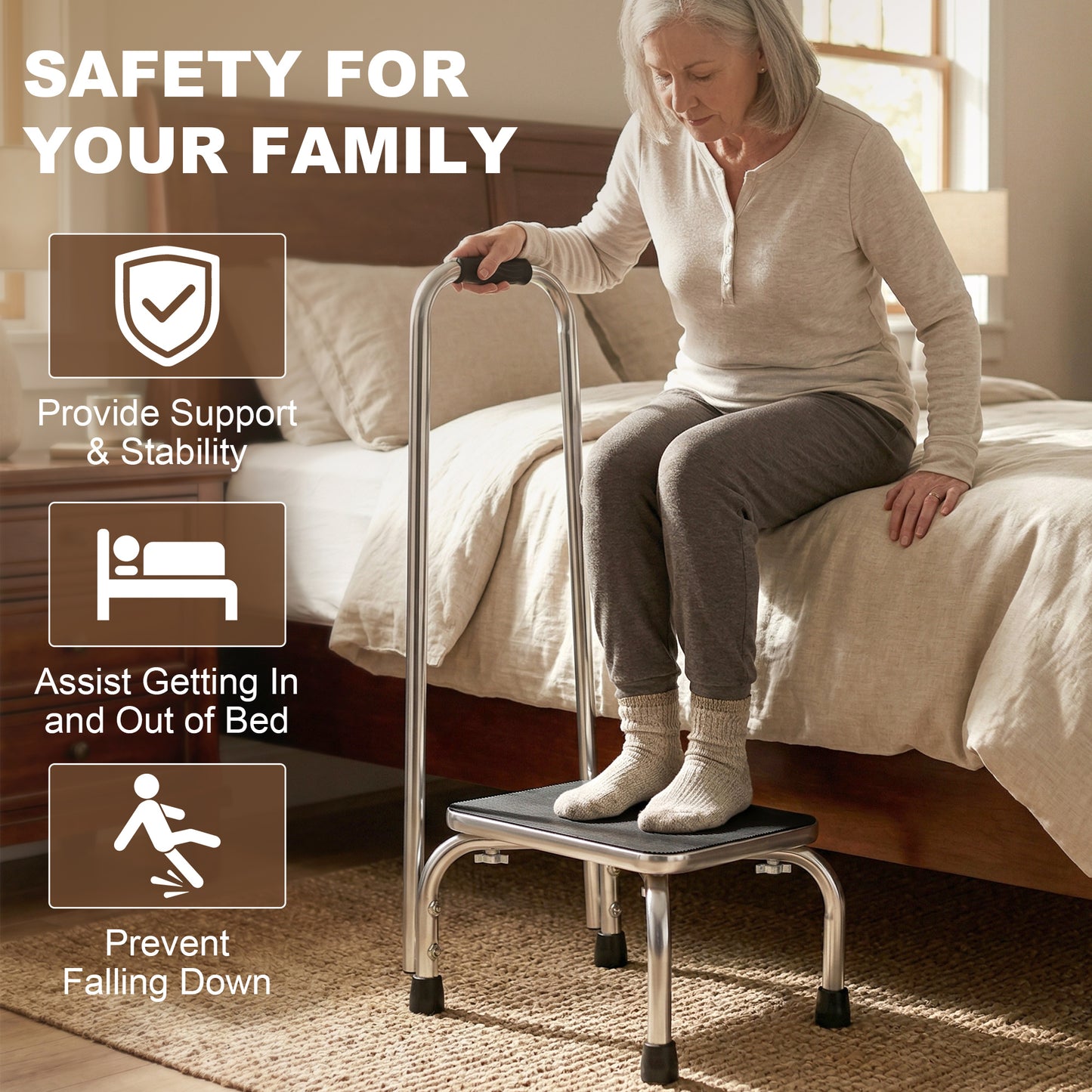 Step Stool with Handle for Adults and Seniors, Heavy Duty Metal Foot Step Stool for Elderly, Portable Stool with Anti-sl