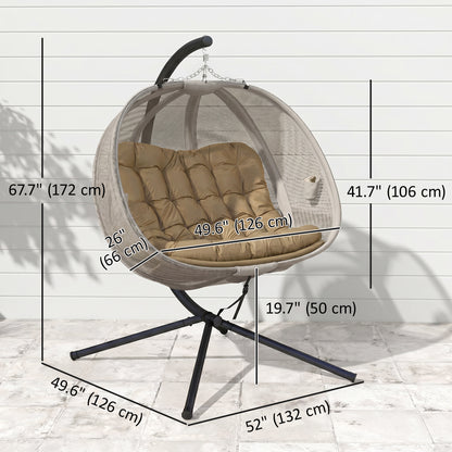 Double Egg Chair with Stand, 2 Person Hanging Swing Egg Chair with Cushion, Pockets, Khaki