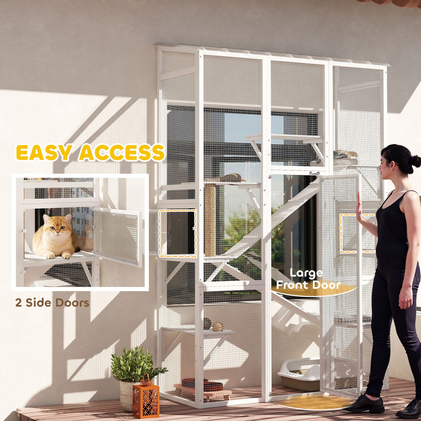 Large Outdoor Catio with 6 Jumping Platforms, Scratching Post, 2 Ramps, Waterproof Roof, White