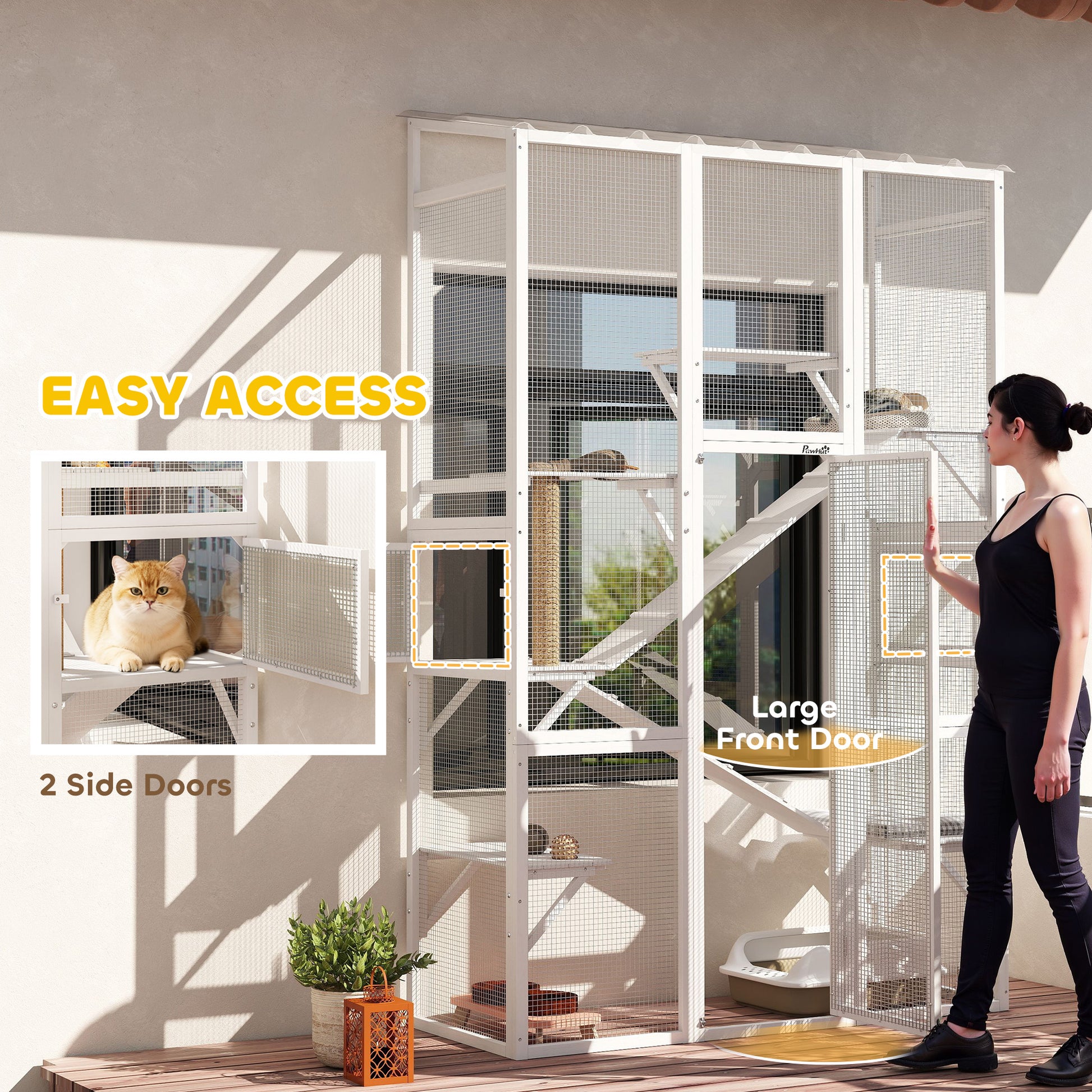 Large Outdoor Catio with 6 Jumping Platforms, Scratching Post, 2 Ramps, Waterproof Roof, White