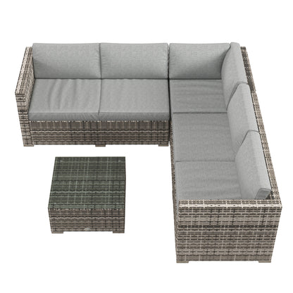 4 Pieces Rattan Wicker Outdoor Conversation Furniture Set w/ Corner Sofa Loveseats Coffee Table Cushions, Mixed Grey