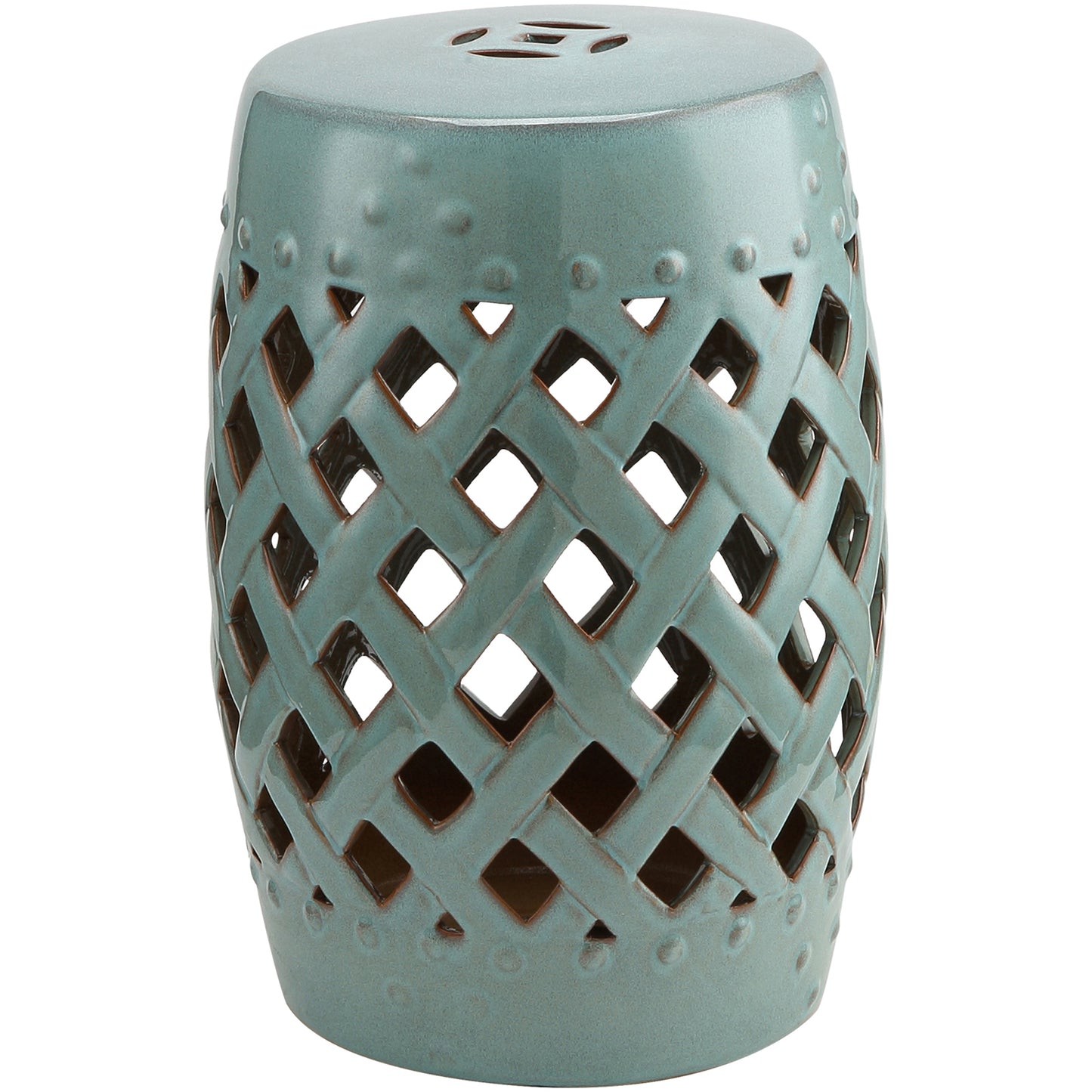 12.4" x 17.9" Ceramic Garden Stool with Woven Lattice Design, Indoor & Outdoor Decorative Accent Stool, Blue