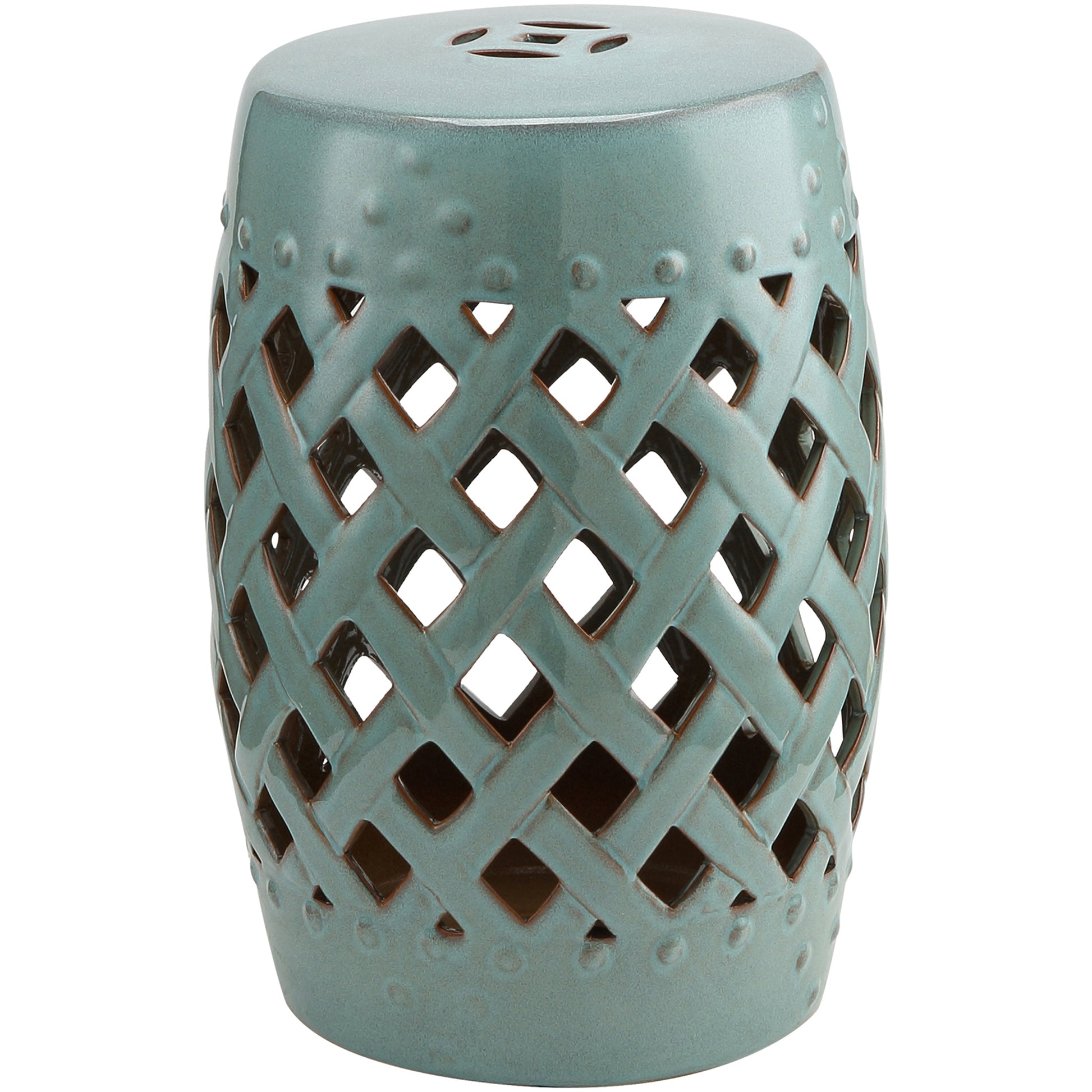 12.4" x 17.9" Ceramic Garden Stool with Woven Lattice Design, Indoor & Outdoor Decorative Accent Stool, Blue